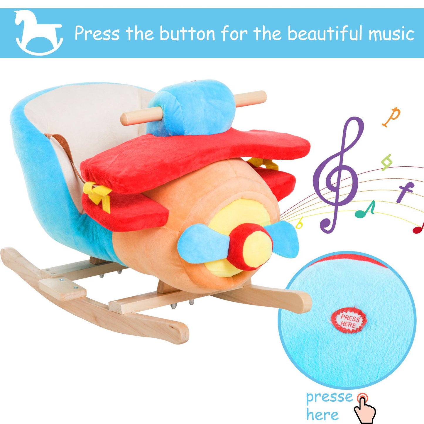 Kids Wooden Plush Ride-On Rocking Plane Chair Toy for Toddler Boy& Girl with Nursery Rhyme Kids Crystal