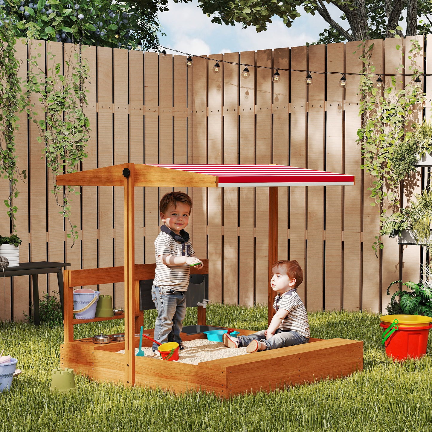 Kids Sandbox with Cover Kitchen Playset Toys, Wooden Sand Box with Seat, Storage, for 3-7 Years Old, Red Kids Crystal