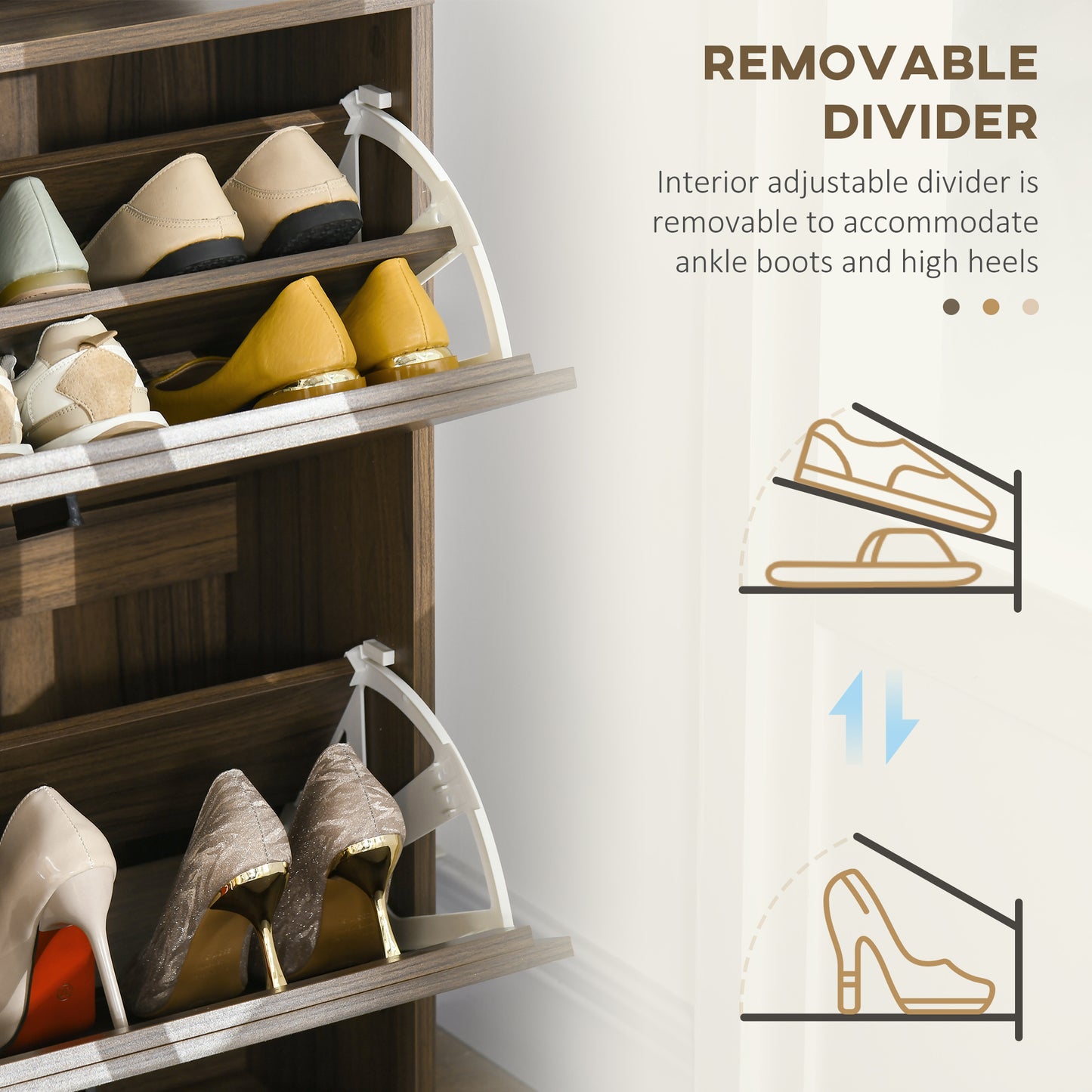 Shoe Organizer Cabinet for 12 Pairs with 2 Flip Drawers Adjustable Shelves Walnut Kids Crystal