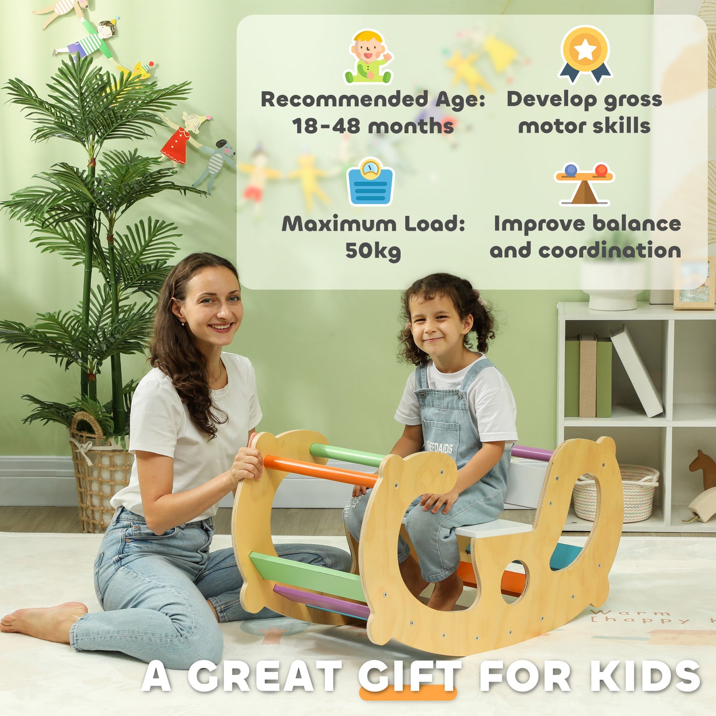 2 in 1 Wooden Arch Ladder Baby Rocker for Toddlers 18-48 Months Kids Crystal