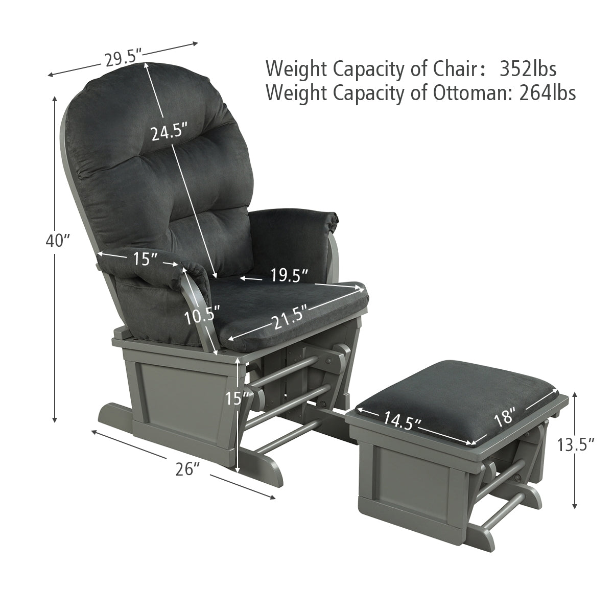 Wood Baby Glider and Ottoman Cushion Set with Padded Armrests for Nursing-Gray Kids Crystal