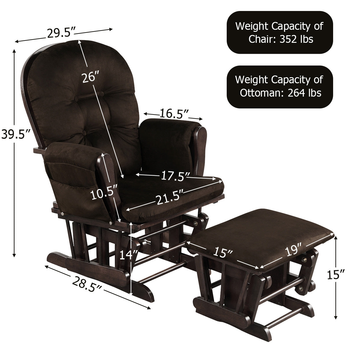 Wood Glider and Ottoman Set with Padded Armrests and Detachable Cushion-Brown Kids Crystal