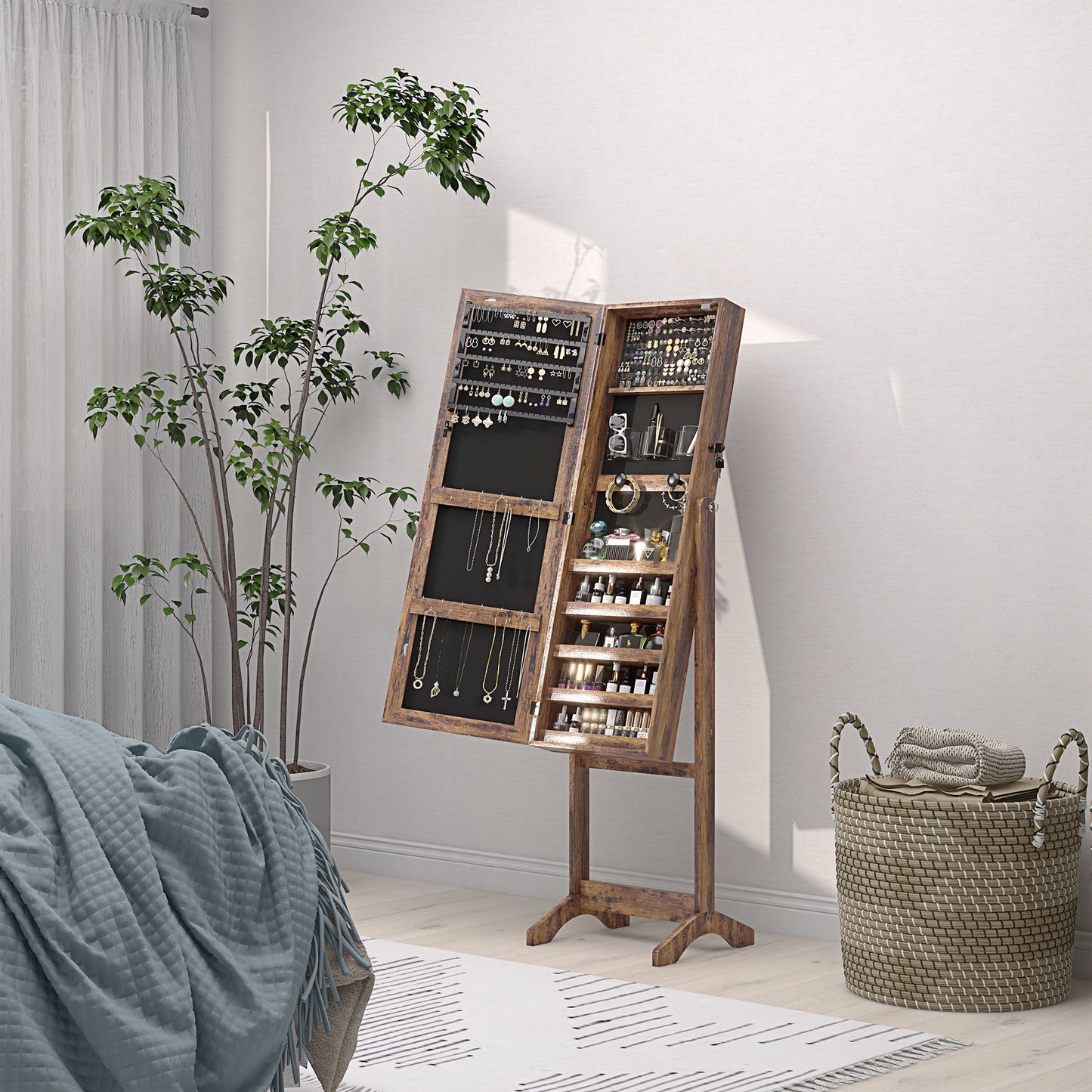 Lockable Jewelry Cabinet: With LED Light, Full-Length Mirror for Bedroom, Dressing Room, White Kids Crystal