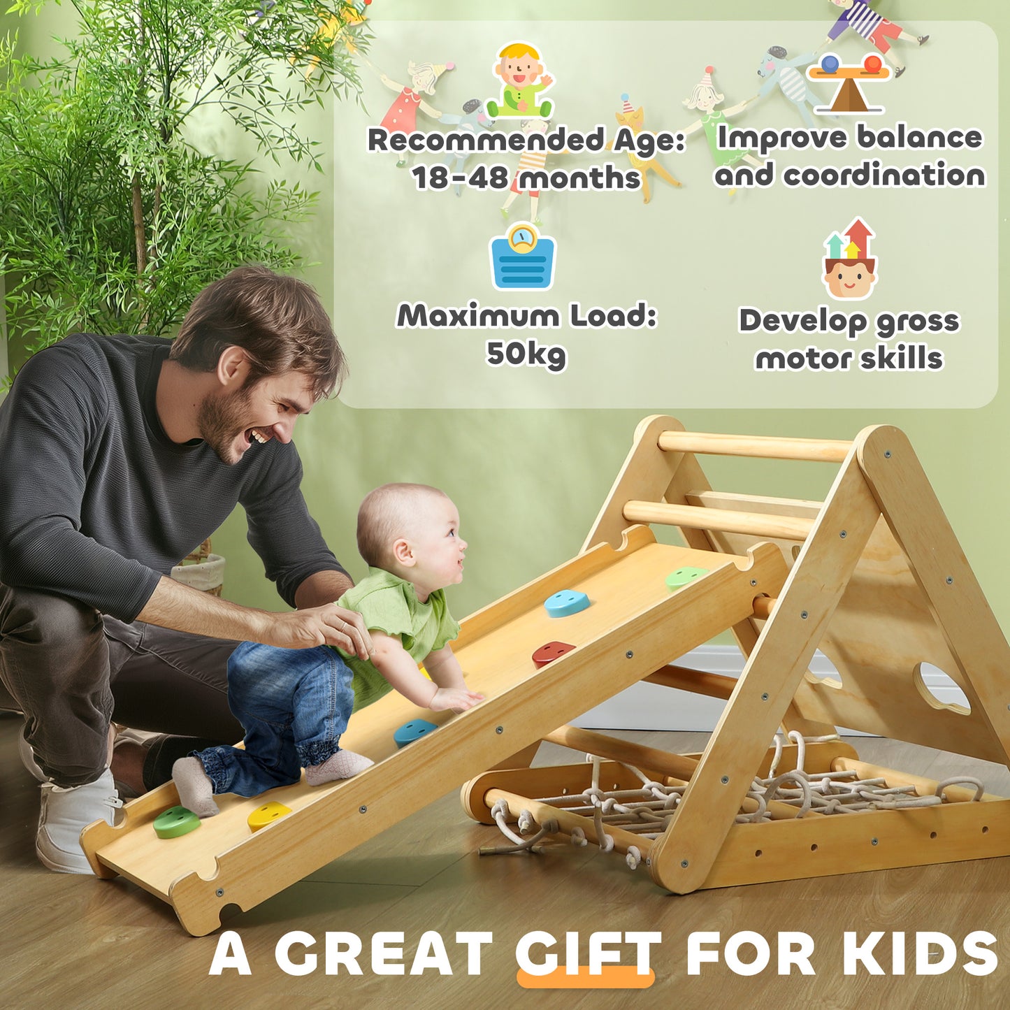 7 in 1 Pikler Triangle Set with Ramp, Arch Ladder, for 18-48 Months, Multicolour Kids Crystal