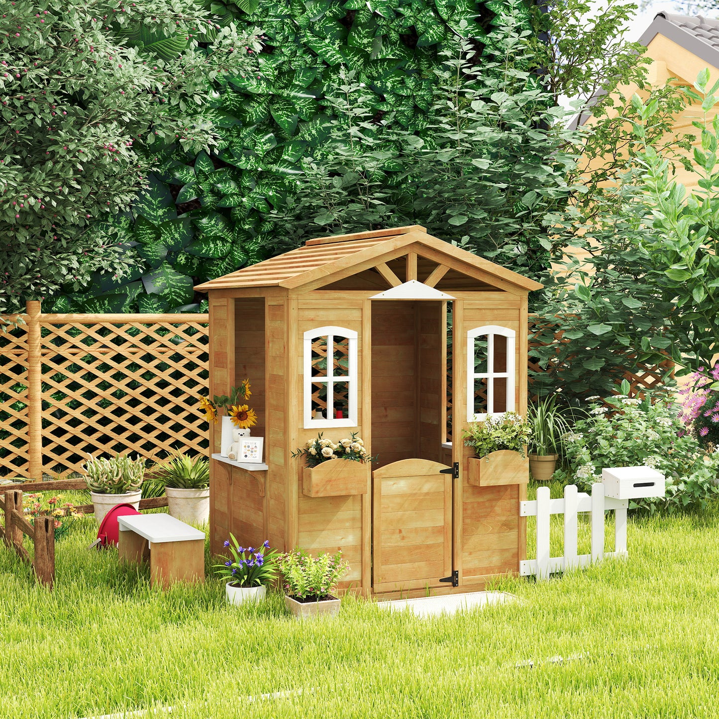 Wooden Kids Playhouse with Door Windows Mailbox Flower Pot Holder Serving Station Bench Yellow Kids Crystal