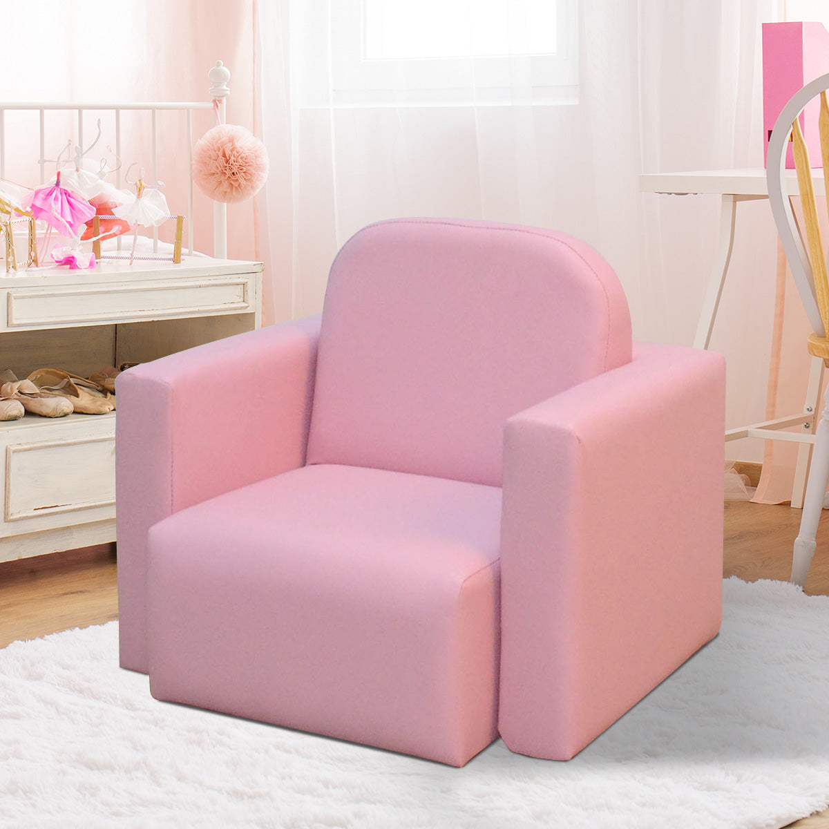 2-in-1 Kids Convertible Table & Sofa Chair Set, Pink Multifunctional Toddler Armchair and Activity Couch Kids Crystal
