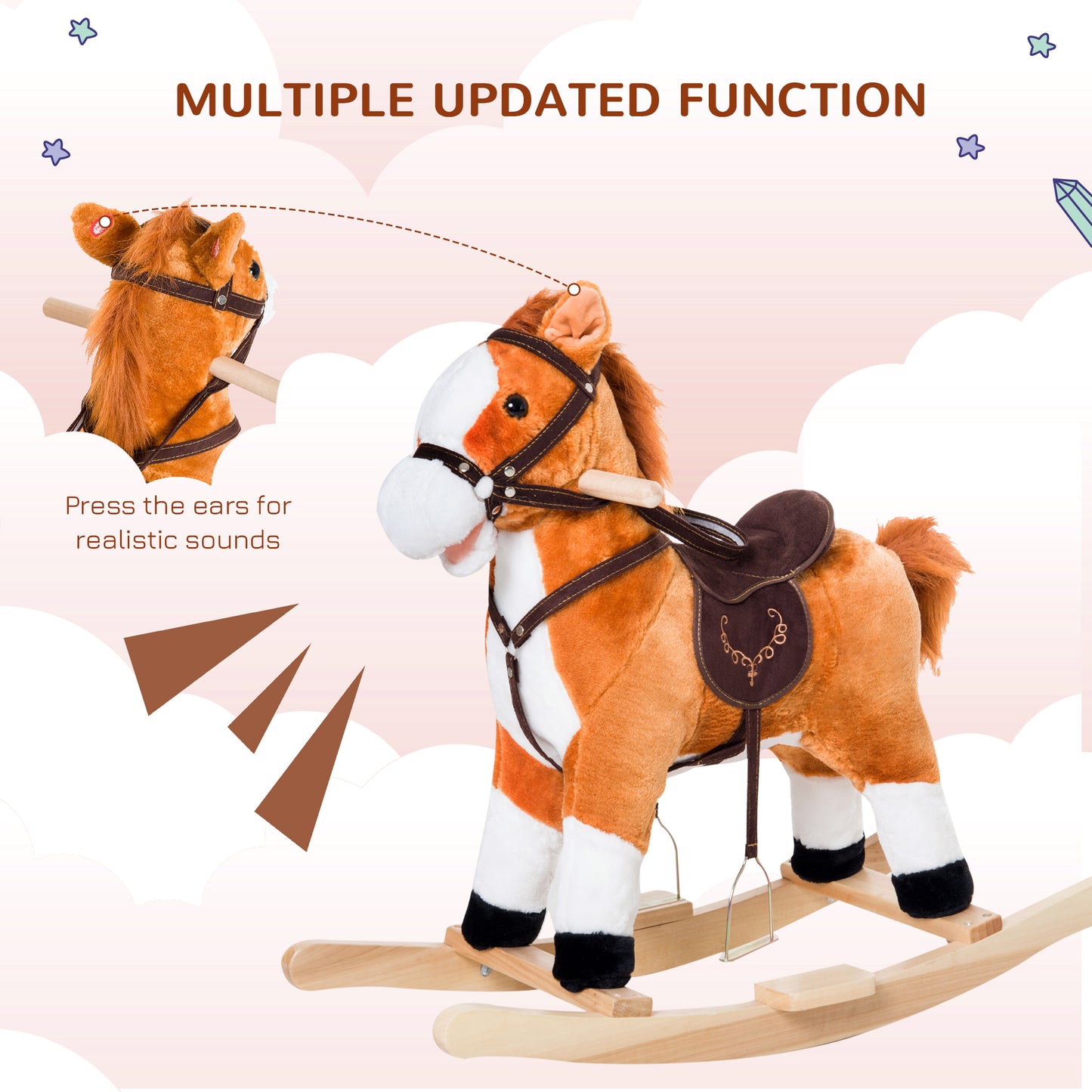 Kids Rocking Horse Poney Child Plush Ride on Toy w/ Realistic Sound Red Brown Kids Crystal