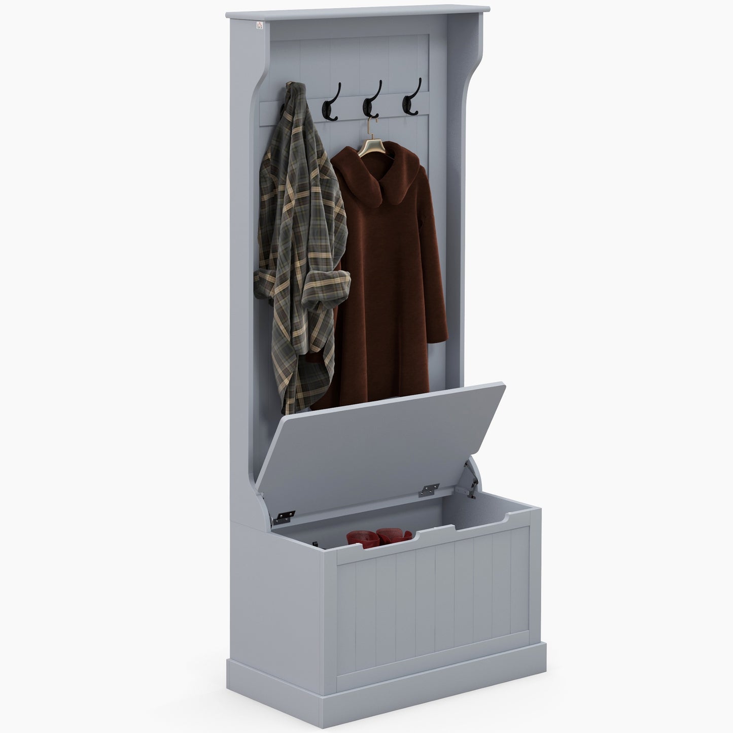 3-In-1 Hall Tree with Coat Rack, Shoe Storage and Bench Seat, Entryway Bench with 4 Hooks for Hallway, Living Room, Grey