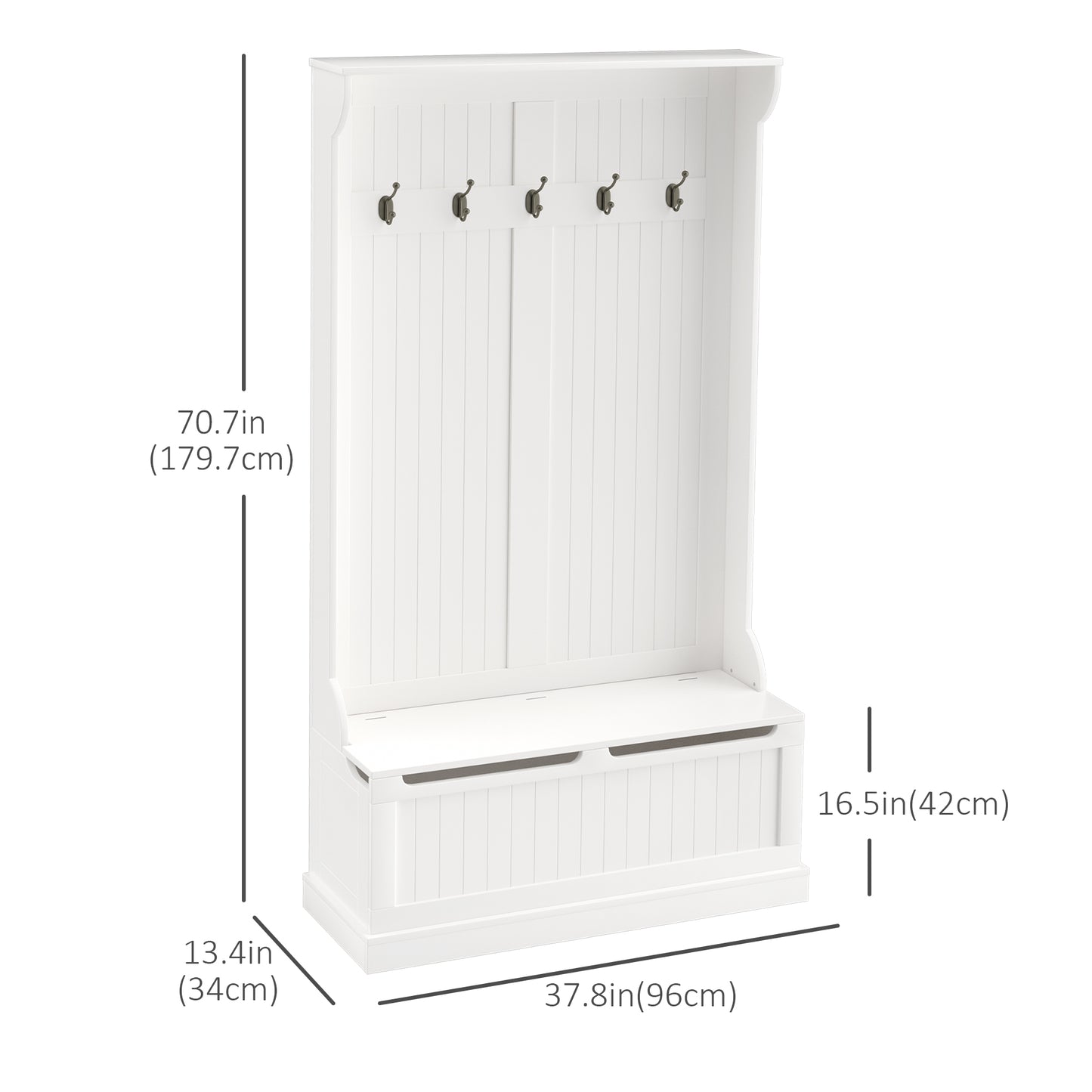 71 Inch Hall Tree with Storage Bench 3-In-1 Coat Rack 5 Steel Hooks Entryway Organizer Cream White