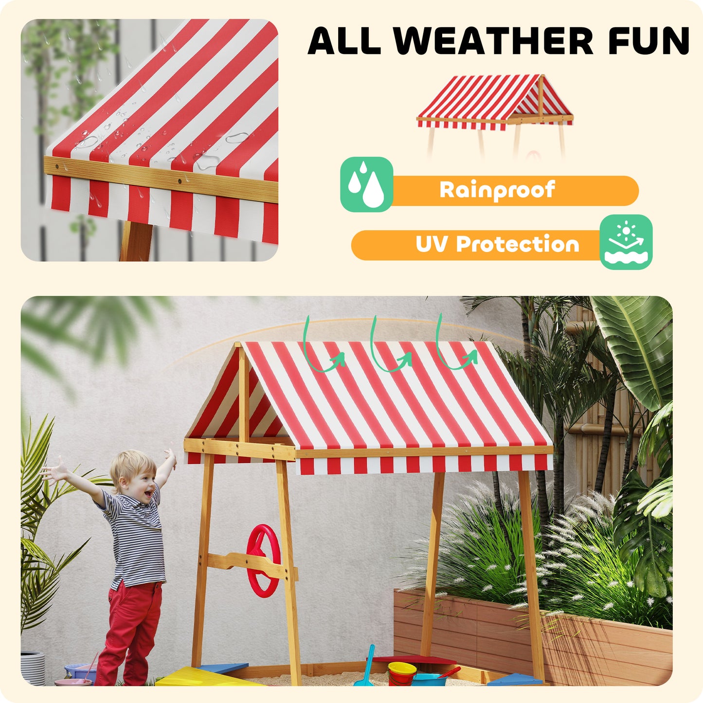 Wooden Kids Sandbox with Cover, 4 Seats, Rudder, Deck, Bottom Liner, 52" x 40" x 55.5" for Ages 3-8, Yellow Kids Crystal
