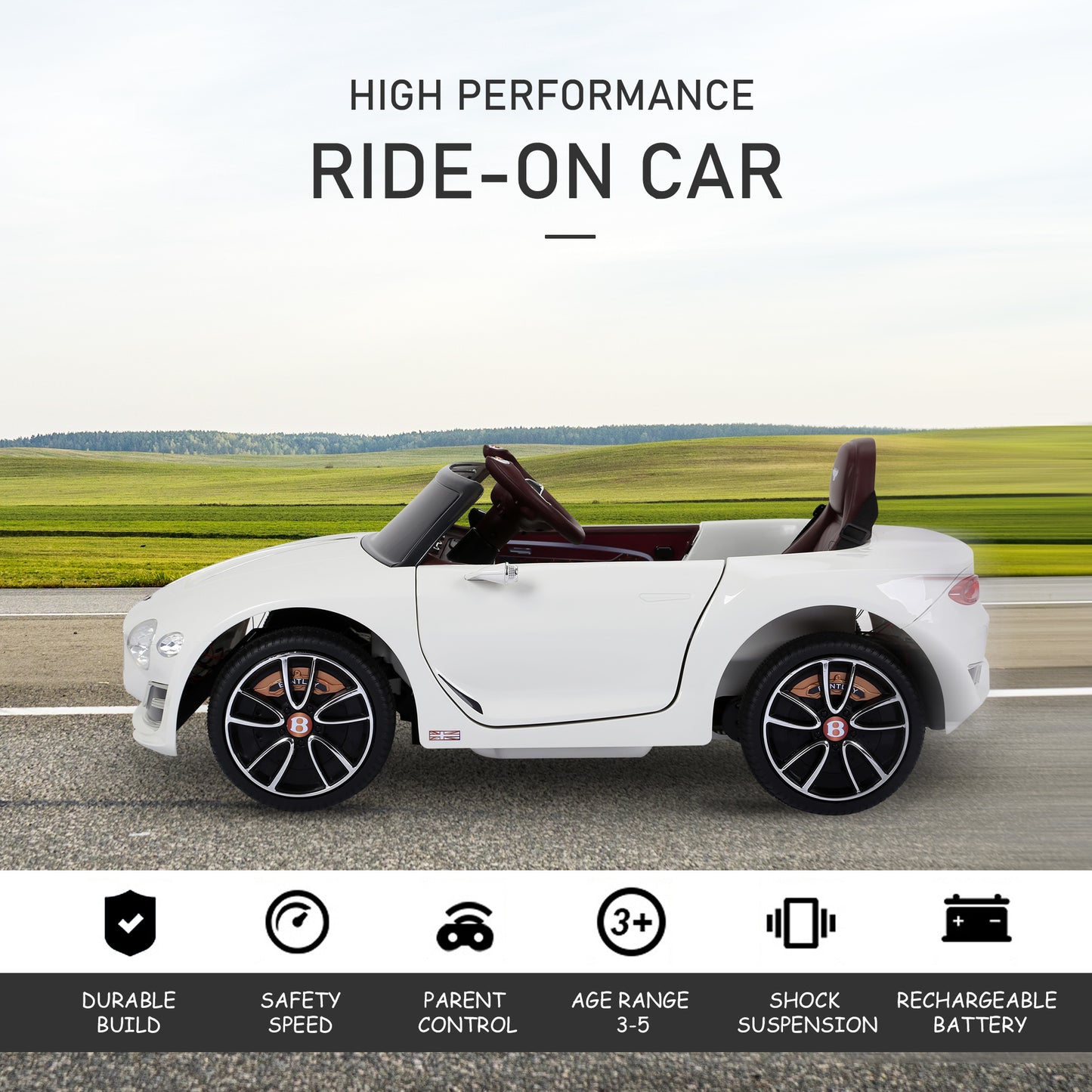 Licensed Bentley Ride-On Car: 12V, Electric, Battery Powered, Remote Control, 2 Speed, White Kids Crystal