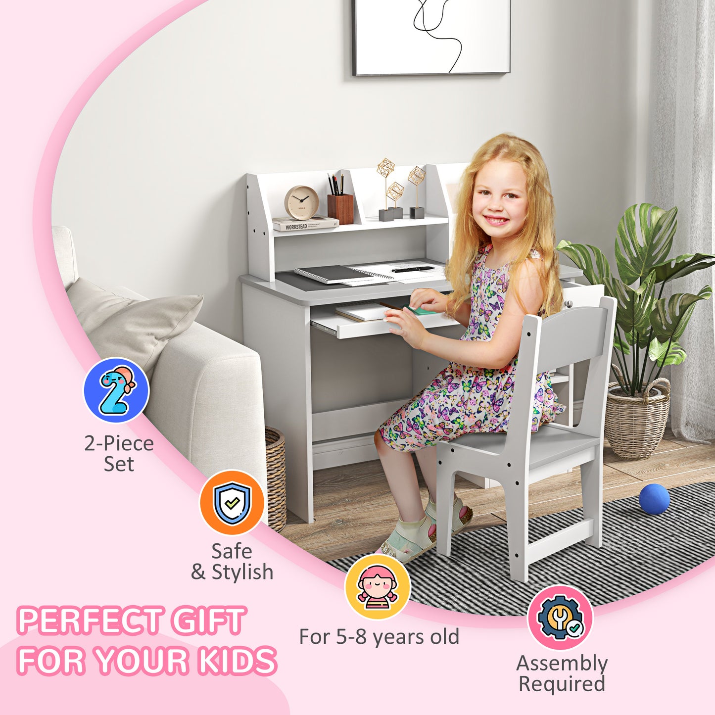 Kids Desk and Chair Set for 5-8 Year Old with Storage Study Table and Chair for Children Grey Kids Crystal