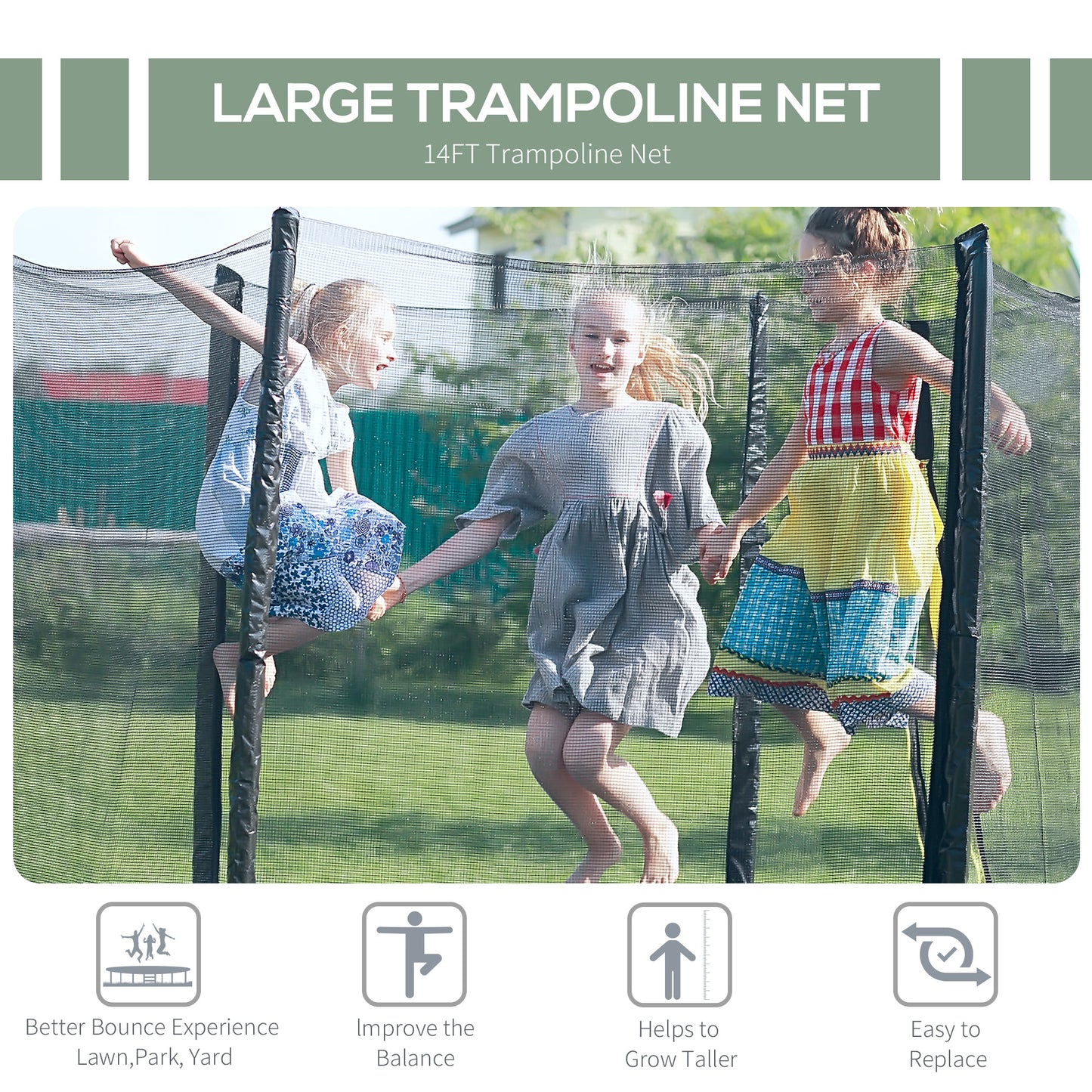 14' Trampoline Safety Enclosure Net Round Bounce Fence Replacement No Poles Kids Crystal
