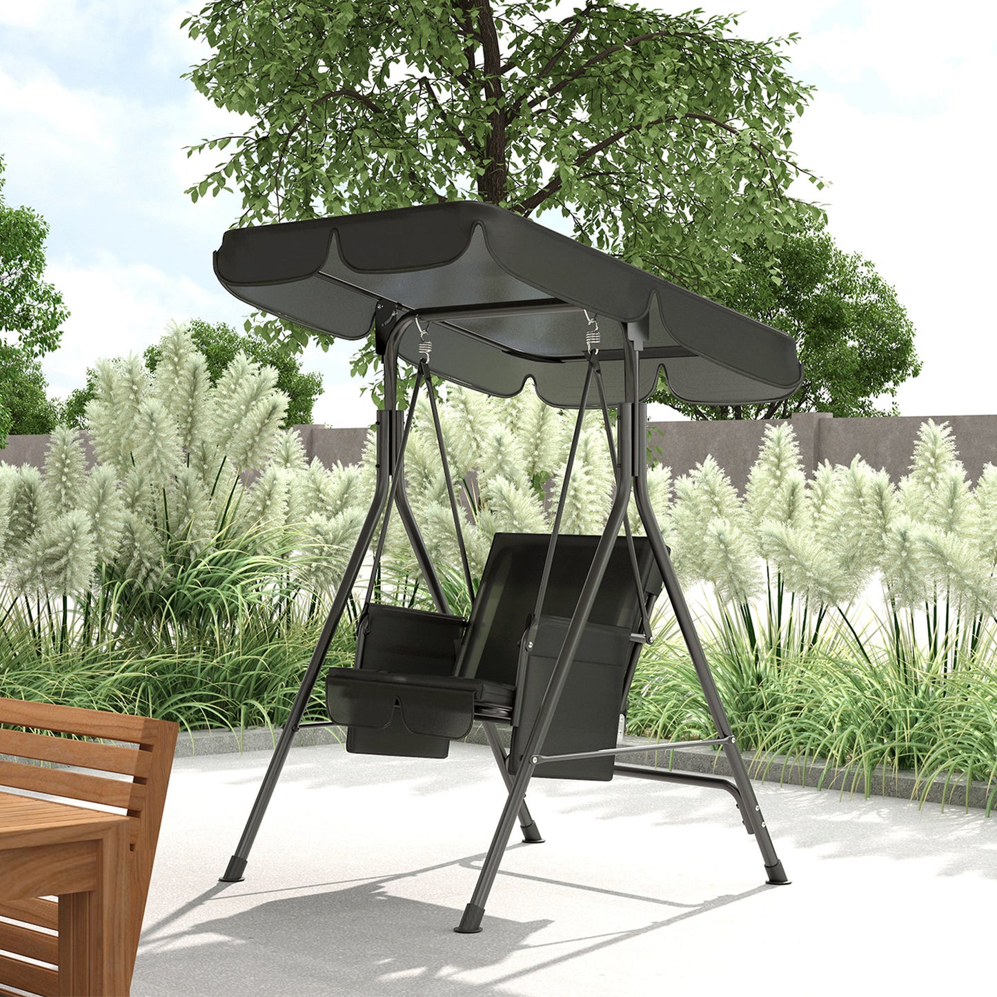 1-Seat Outdoor Porch Swing Patio Swing with Adjustable Canopy, Removable Seat and Back Cushion for Garden, Poolside
