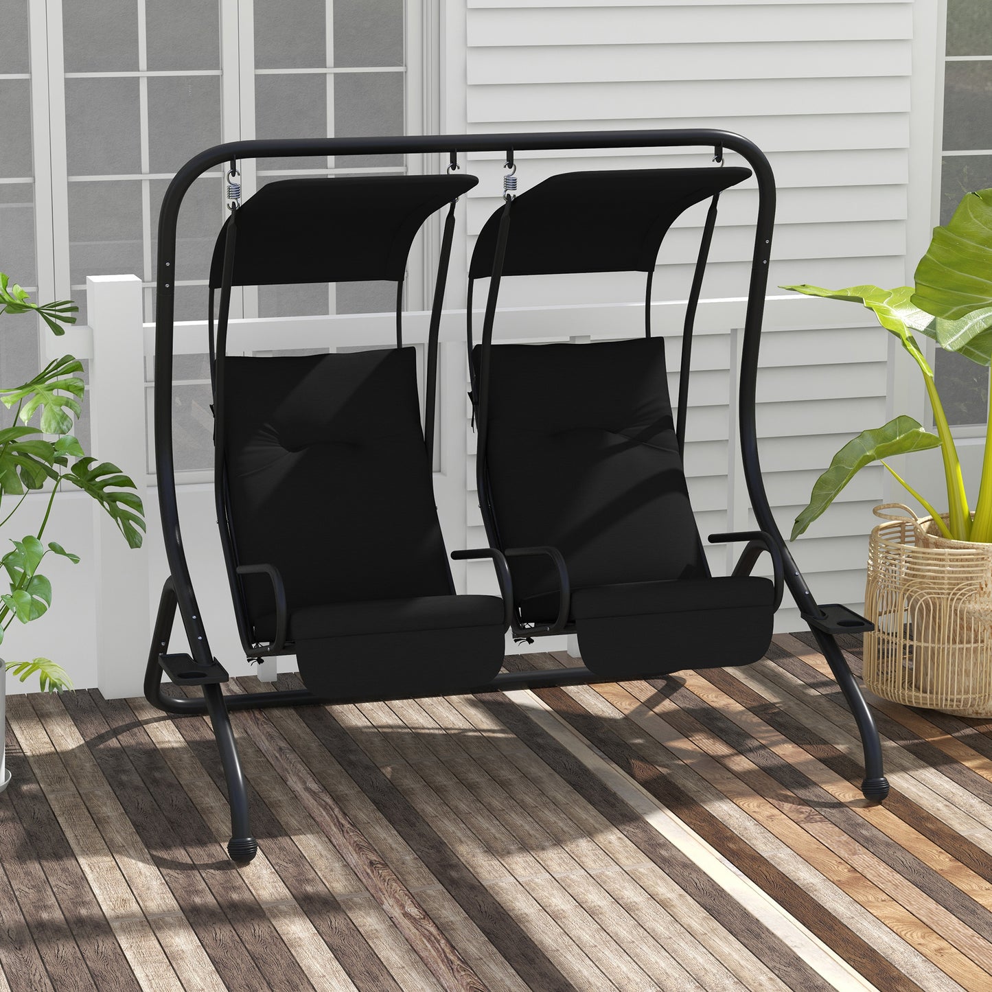Porch Swing 2-Seater with Canopy Shade: Outdoor Patio Chair Garden Poolside Backyard Black Kids Crystal