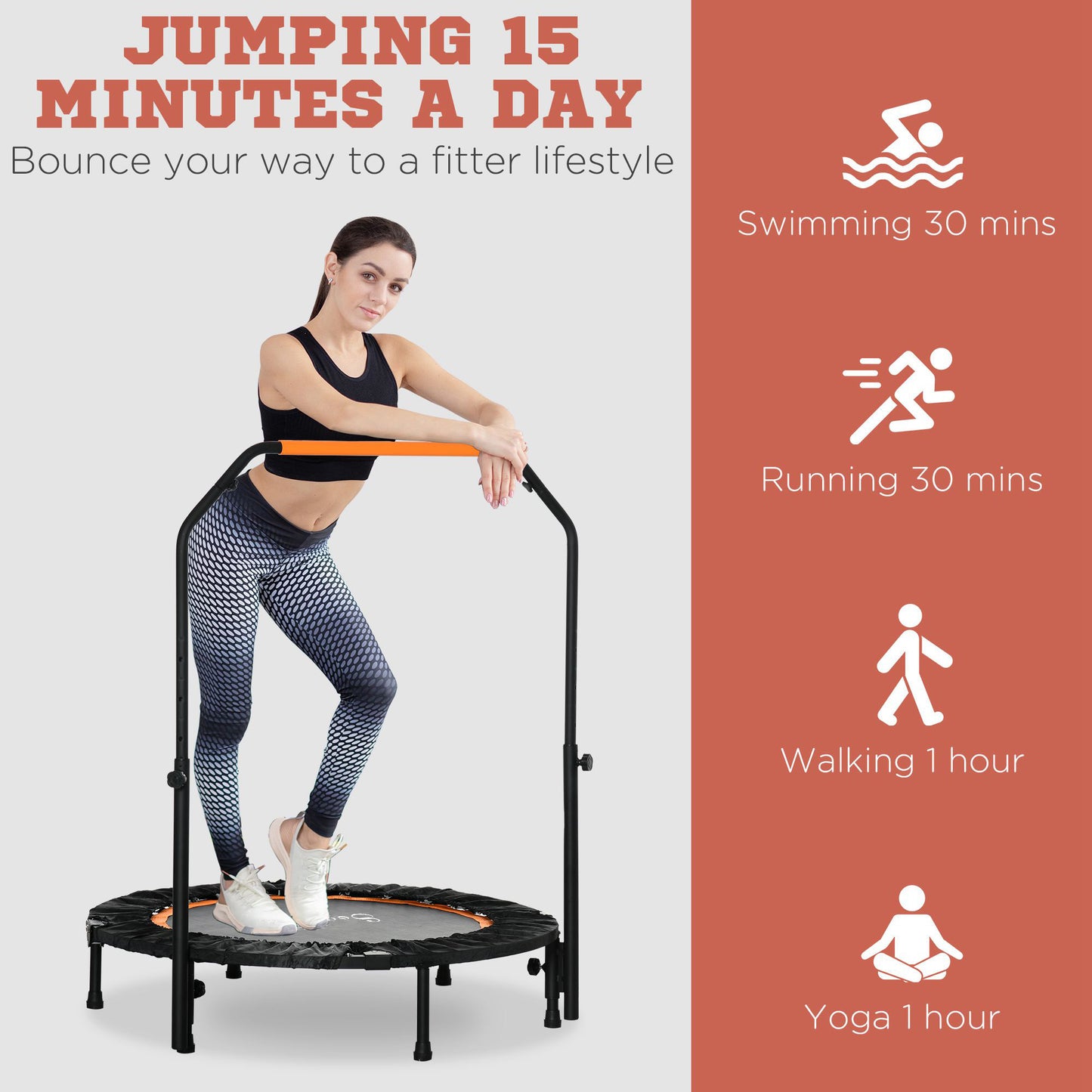 40" Foldable Mini Fitness Trampoline, with Adjustable Foam Handle, Orange Kids Crystal