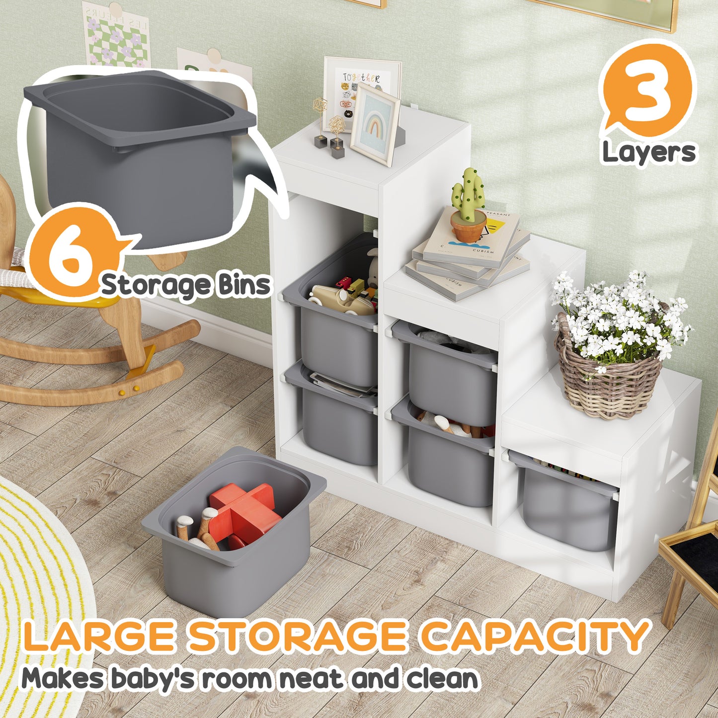 3 Layers Toy Storage Organizer Kids Bookshelf Children Toy Storage w/ 6 Plastic Bins, White