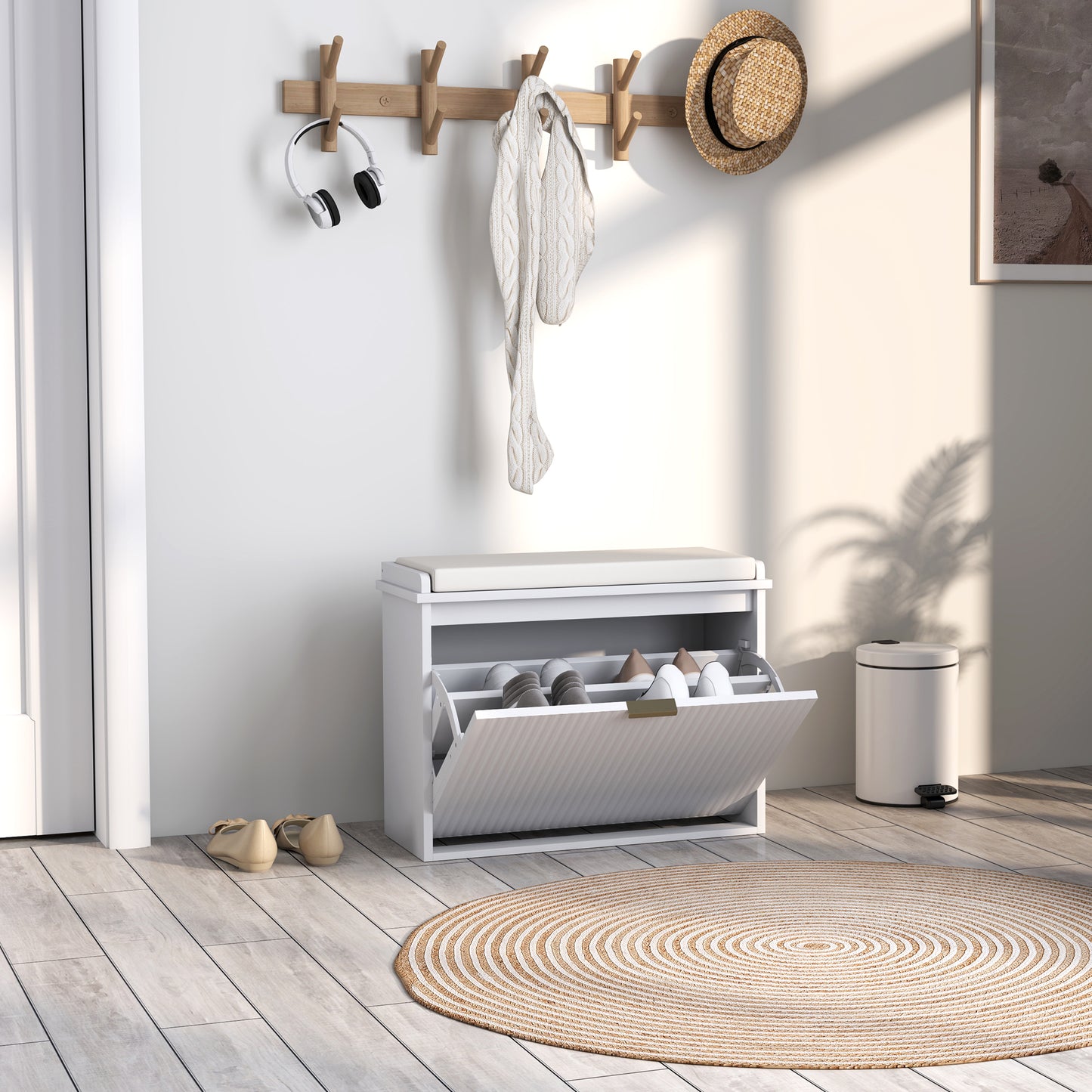 Entryway Bench with Padded Seat and Flip-Drawers, Holds up to 265lbs, Shoe Storage Bench for 6 Pairs of Shoes, White Kids Crystal