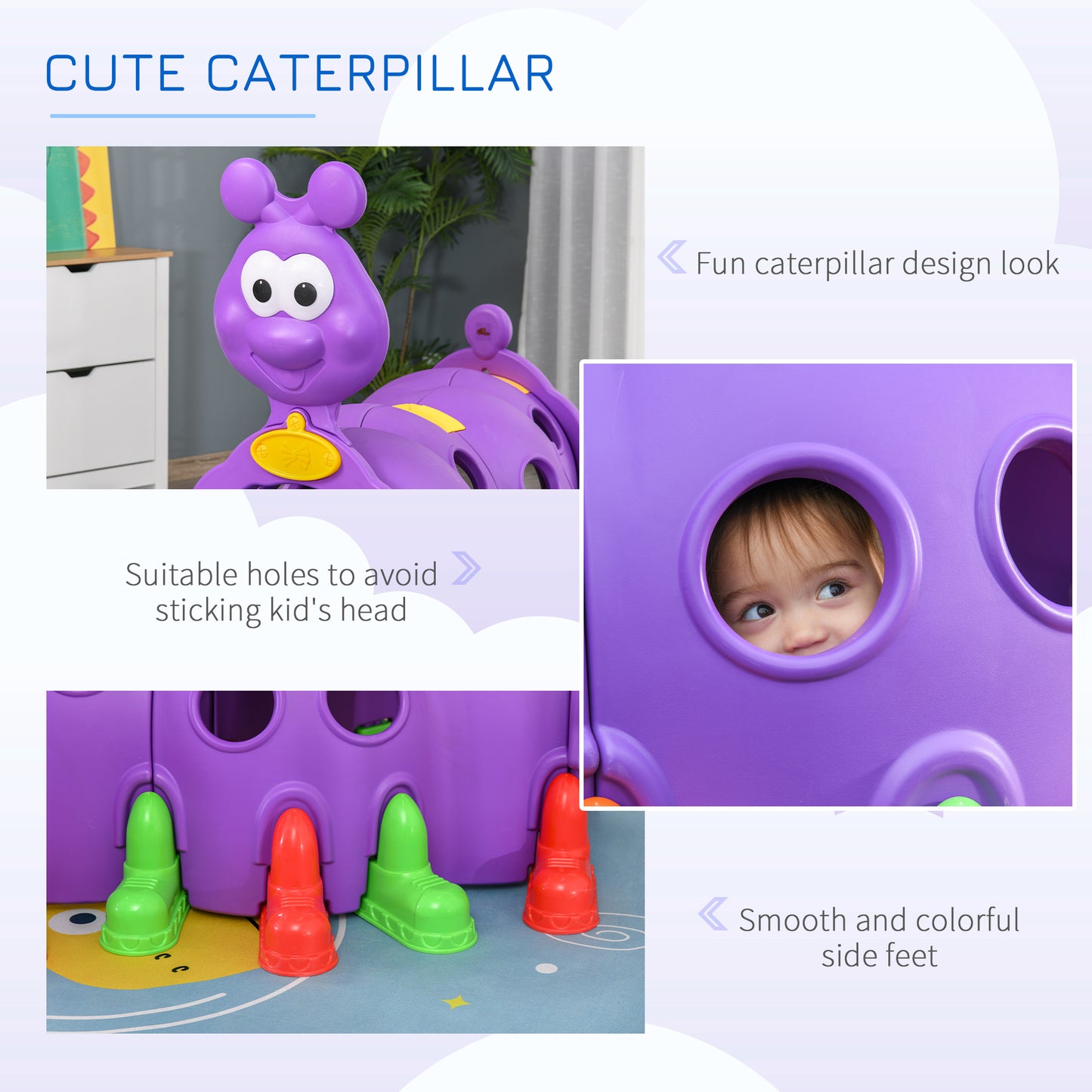 Caterpillar Tunnel Kids Climbing Play Structure Climb-N-Crawl Indoor Outdoor Toy for Toddlers 3-6 Years Purple Kids Crystal