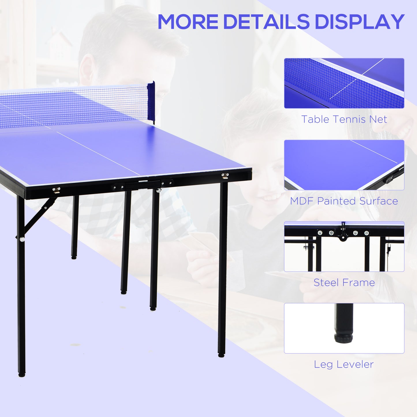 Folding Table Tennis Table, Portable Ping Pong Table with Side Handles, Net, Blue Kids Crystal