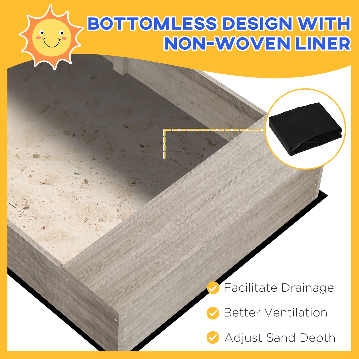 Kids Wooden Sandbox with Protective Liner Kitchen Theme for Outdoor Garden Backyard Play Kids Crystal