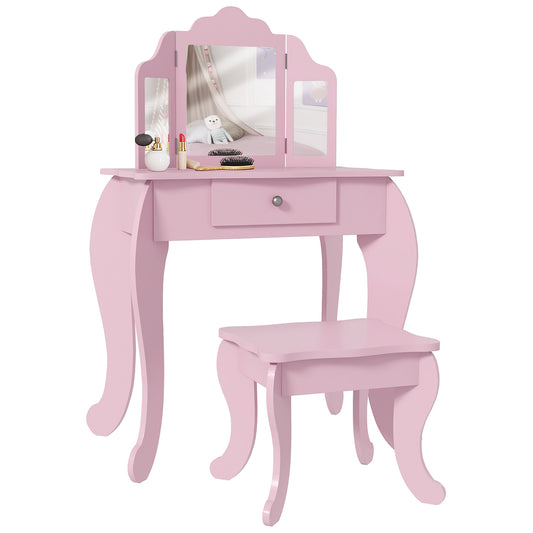 Star Heart Vanity Table: Tri-Fold Mirror, Drawer, Makeup Desk & Stool for Girls, Pink Kids Crystal