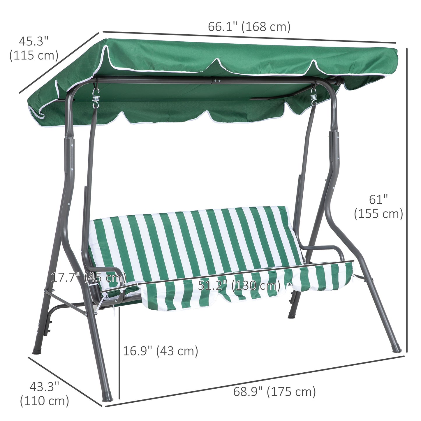 3-Seat Patio Swing Chair, Outdoor Porch Swing Glider with Adjustable Canopy, Removable Cushion for Garden