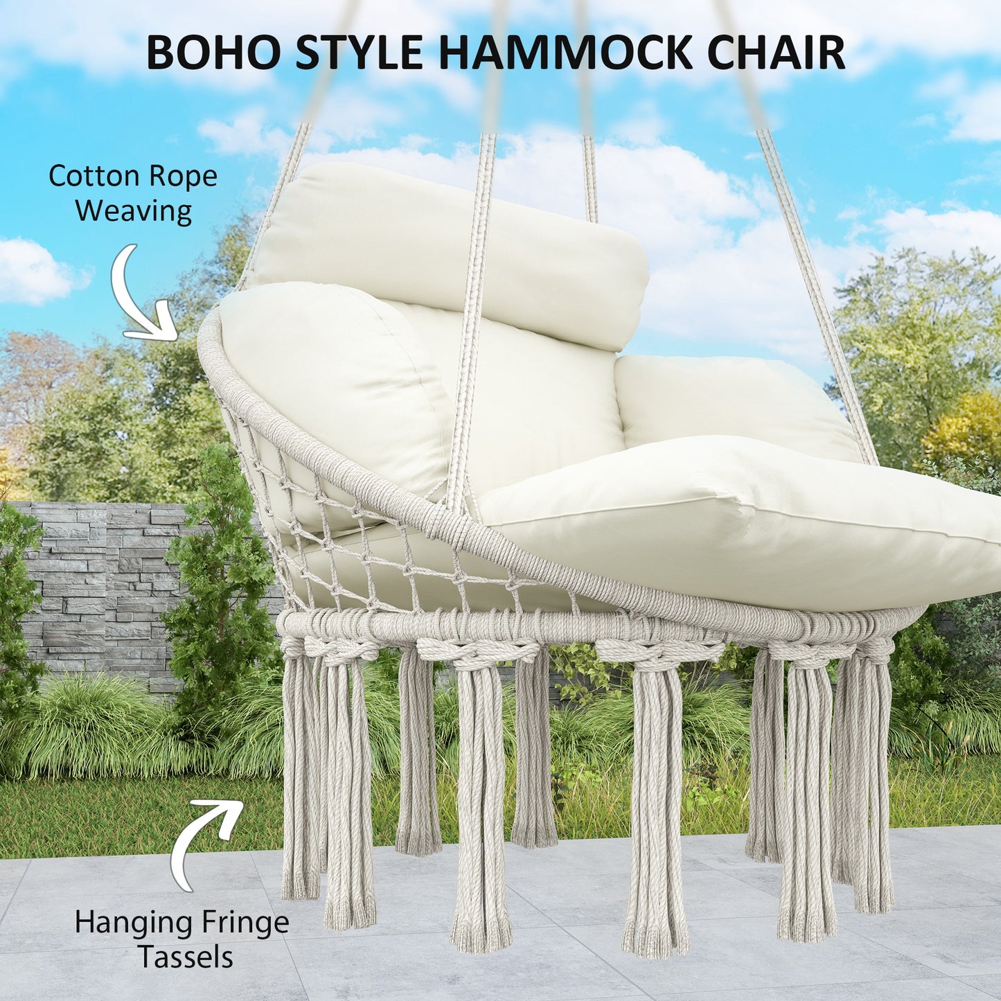 Boho Hammock Chair Swing Hanging Chair with Cushion, Chain, Steel Frame for Indoor Outdoor Bedroom Patio Balcony, Cream Kids Crystal