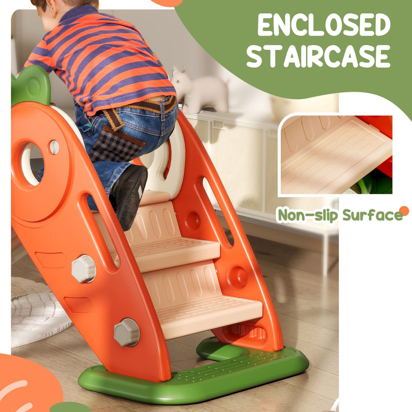 3 in 1 Foldable Toddler Slide with Basketball Hoop, Climber, for 1-3 Years Old, Orange Kids Crystal