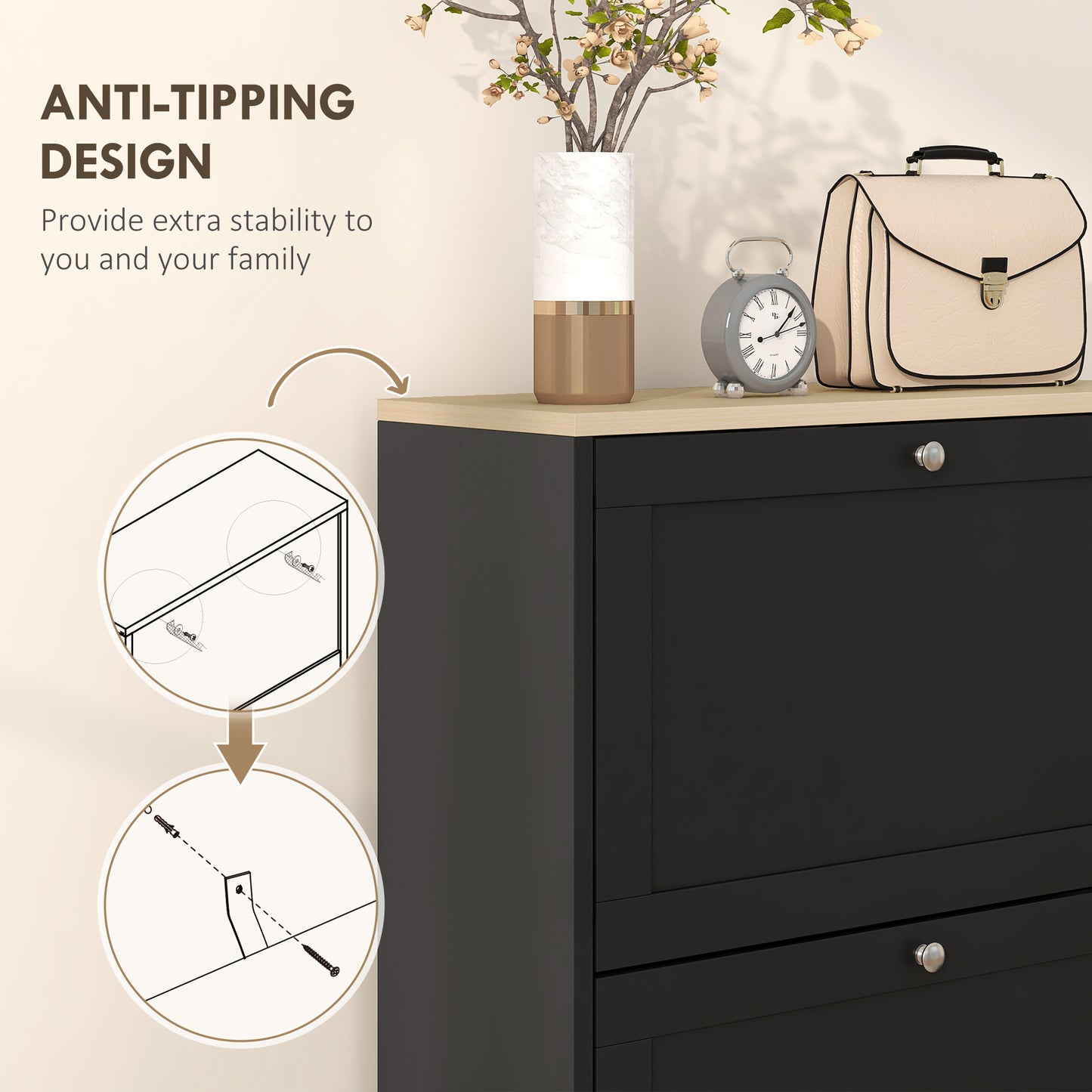 Modern Shoe Storage Cabinet with 3 Flip Drawers Adjustable Shelves for 18 Pairs Black Kids Crystal