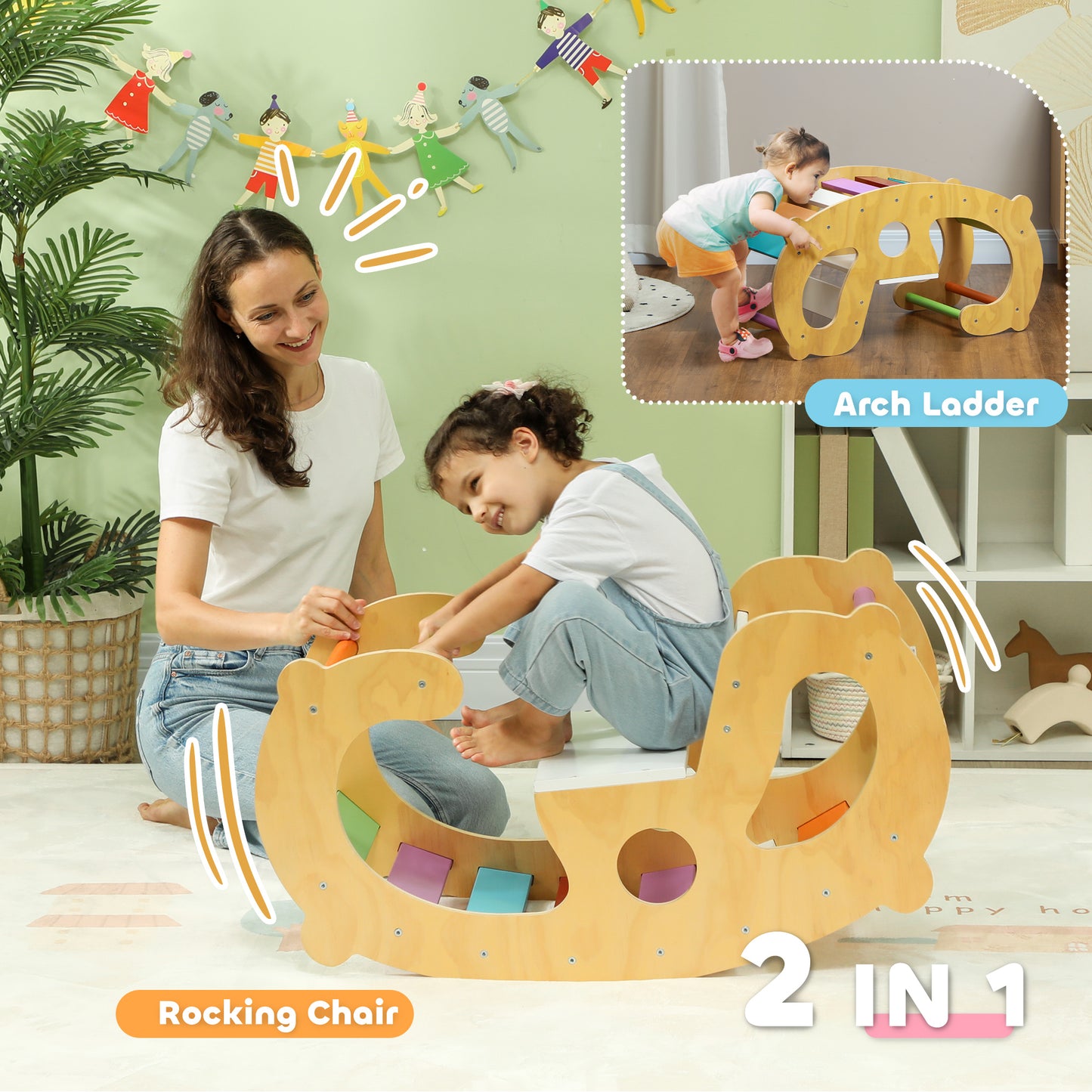 2 in 1 Wooden Arch Ladder Baby Rocker for Toddlers 18-48 Months Kids Crystal