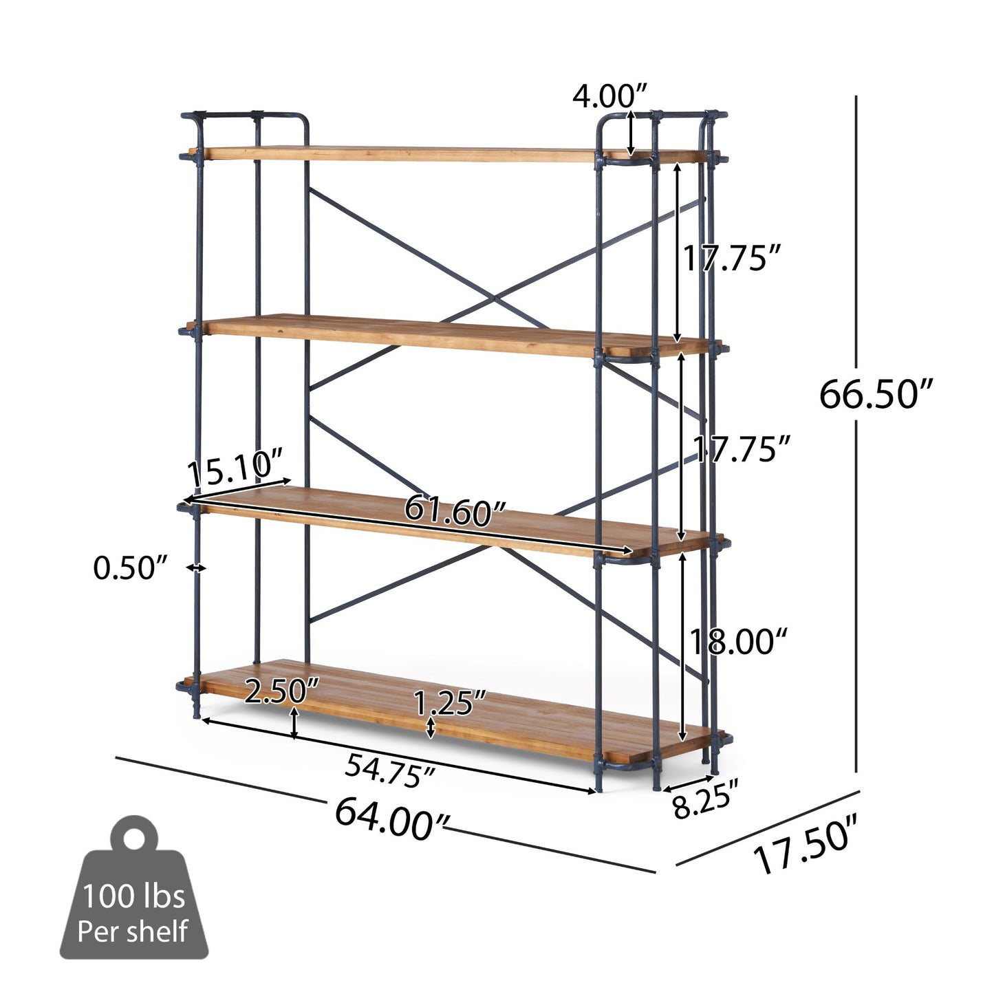 4 Tier Bookcase with Industrial Style, Heavy Duty Shelving with Wood Shelves for Patios, Backyard, 64" L x 17.5" W x 66.5" H, Natural