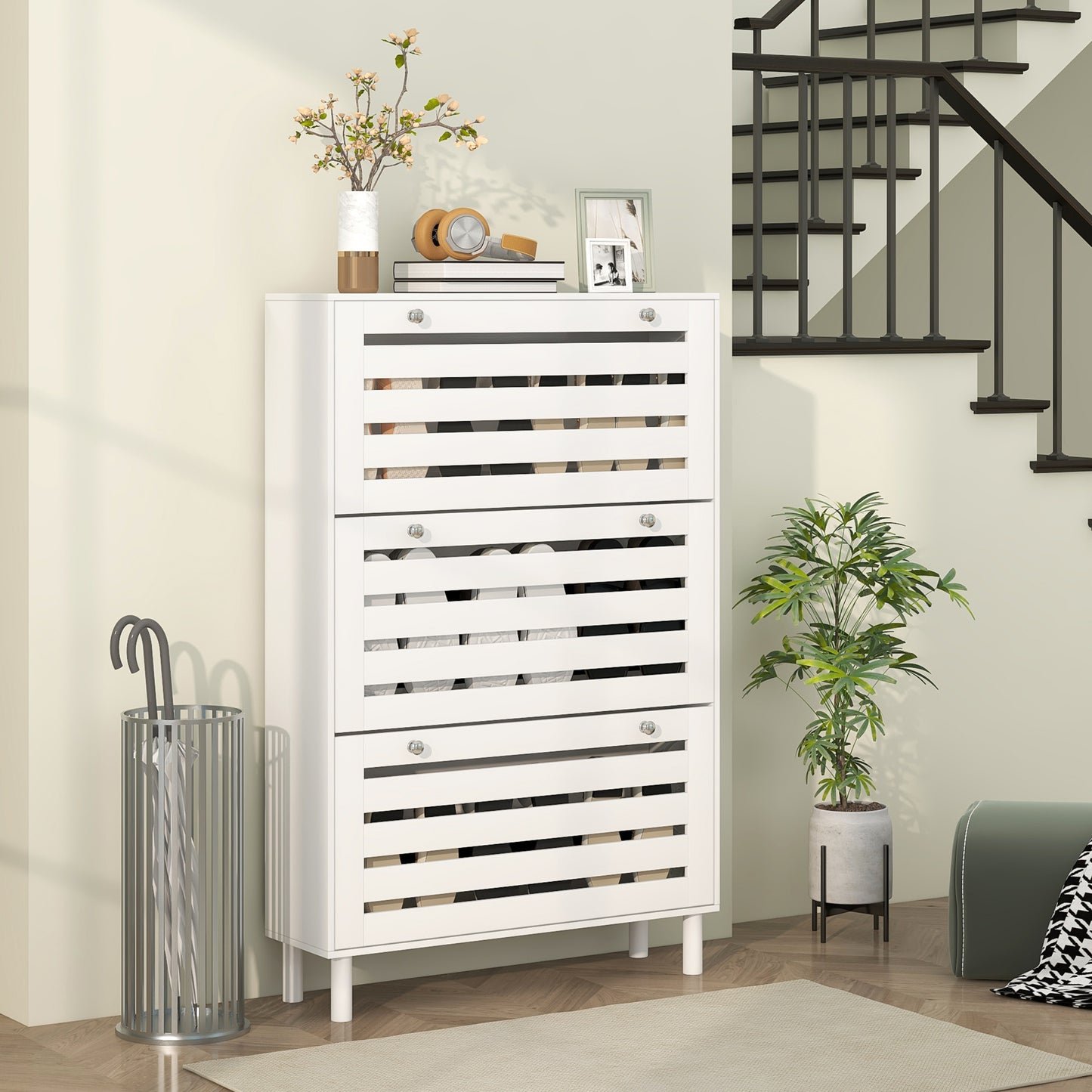 Narrow Shoe Storage Cabinet, 3 Flip Drawers, Adjustable Shelves, 24 Pairs Capacity, White Kids Crystal