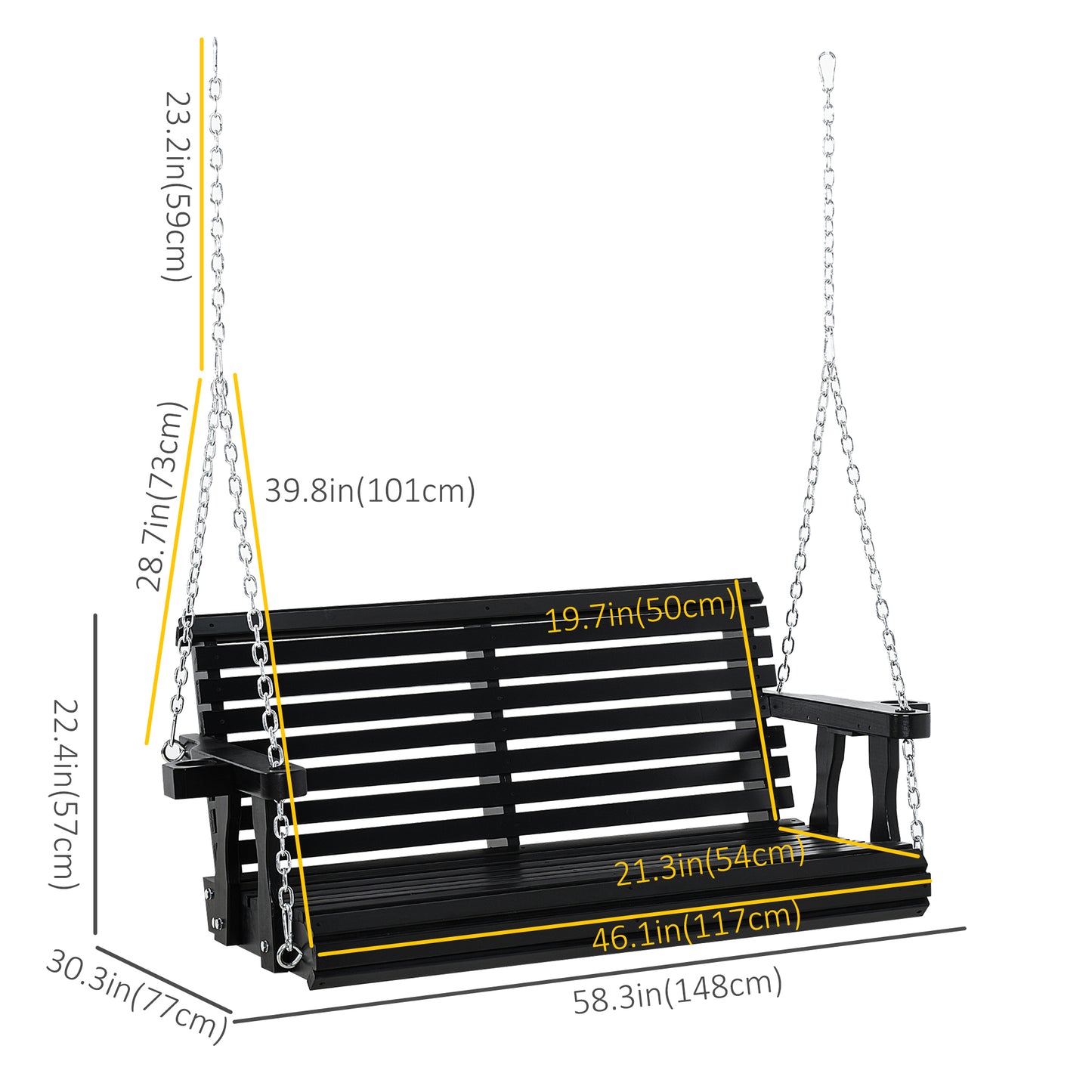 2 Seater Porch Swing Wooden Bench Chair Patio Outdoor Furniture Swing with Cup Holders Chains Garden Yard Black Kids Crystal