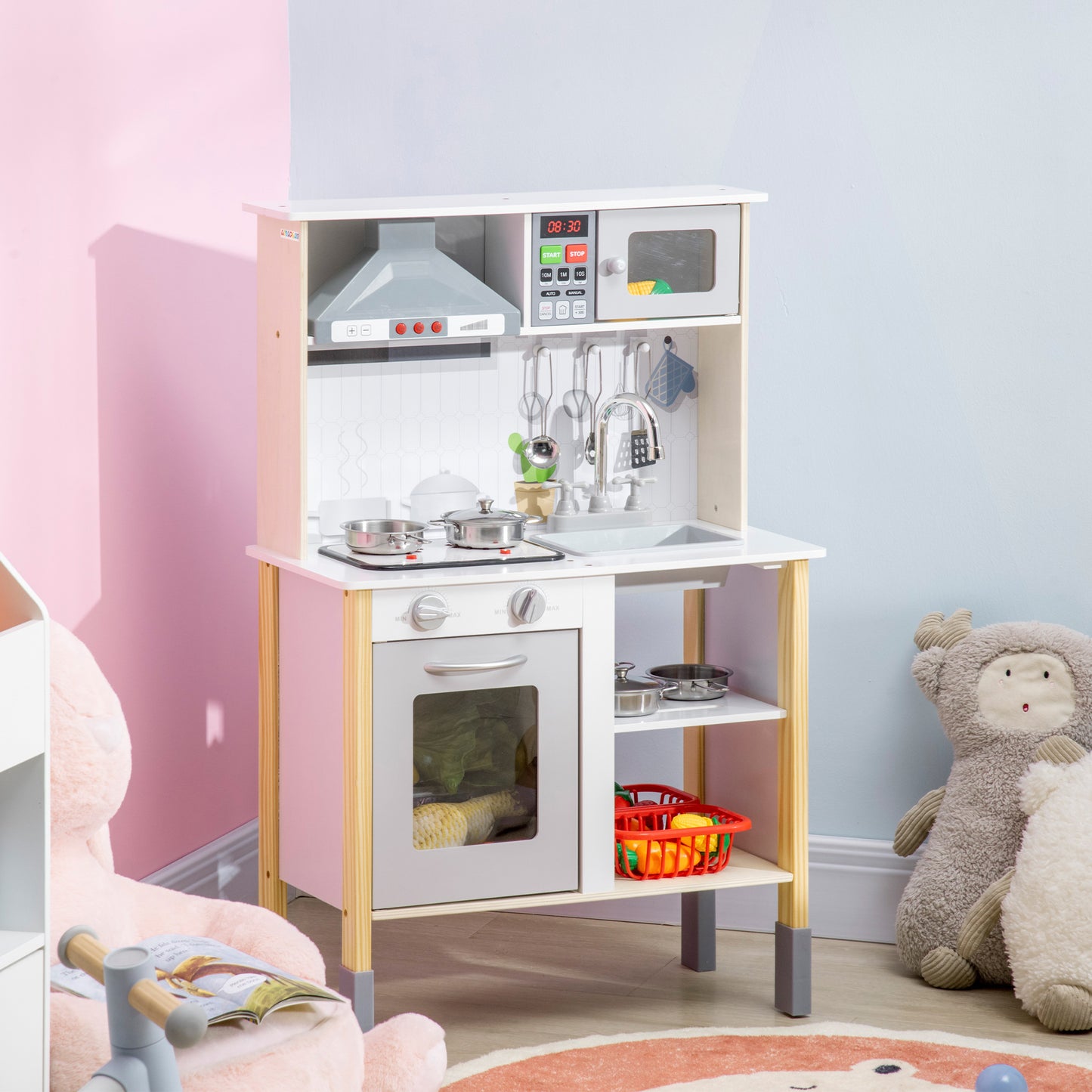 Interactive Wooden Kitchen Set for Kids - Realistic Lights, Sounds, Adjustable Height, Complete with Microwave and Hood Kids Crystal