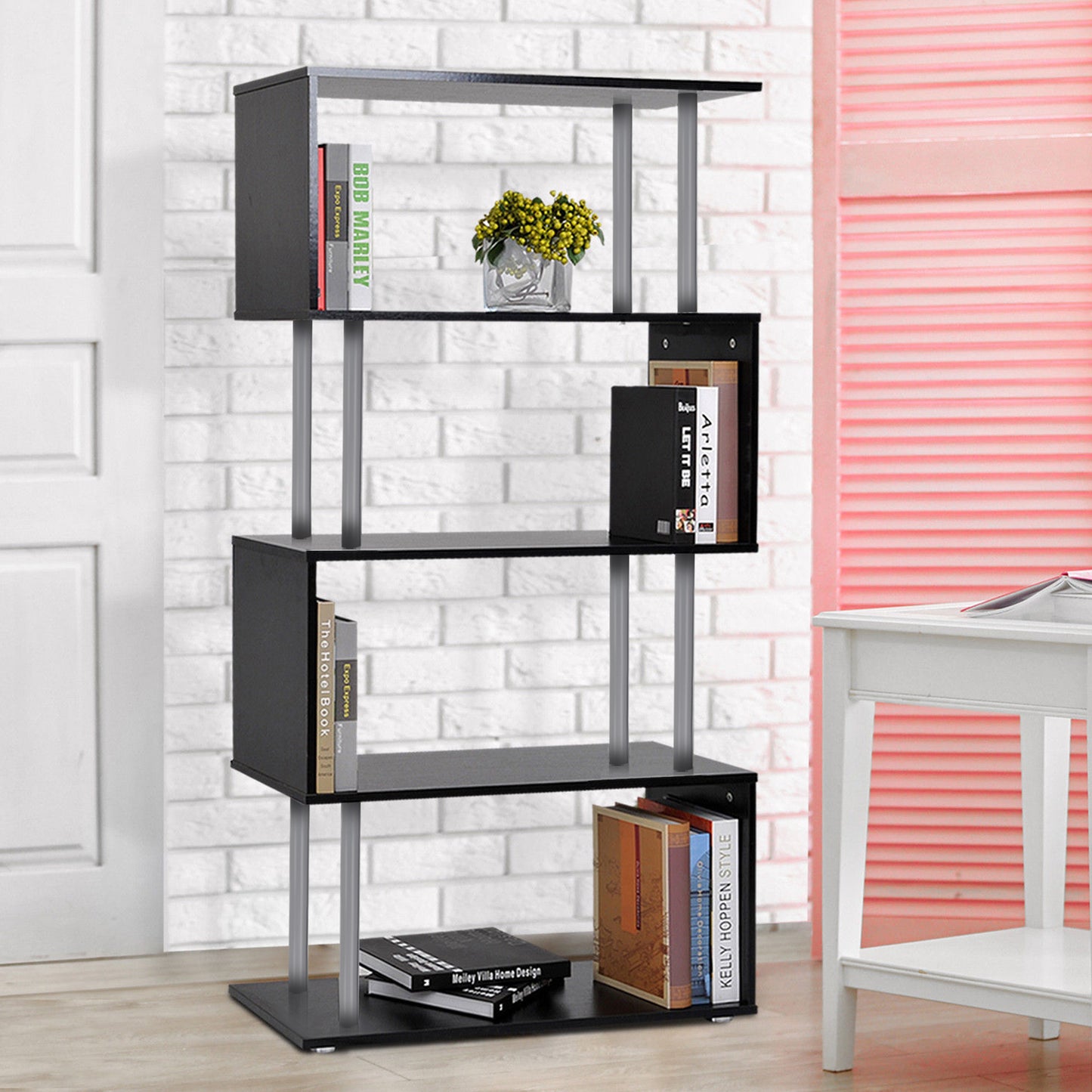 5-Tier Z-Shape Bookcase: Wooden Shelves with Steel Frame for Living Room, Bedroom, Office, Black Kids Crystal