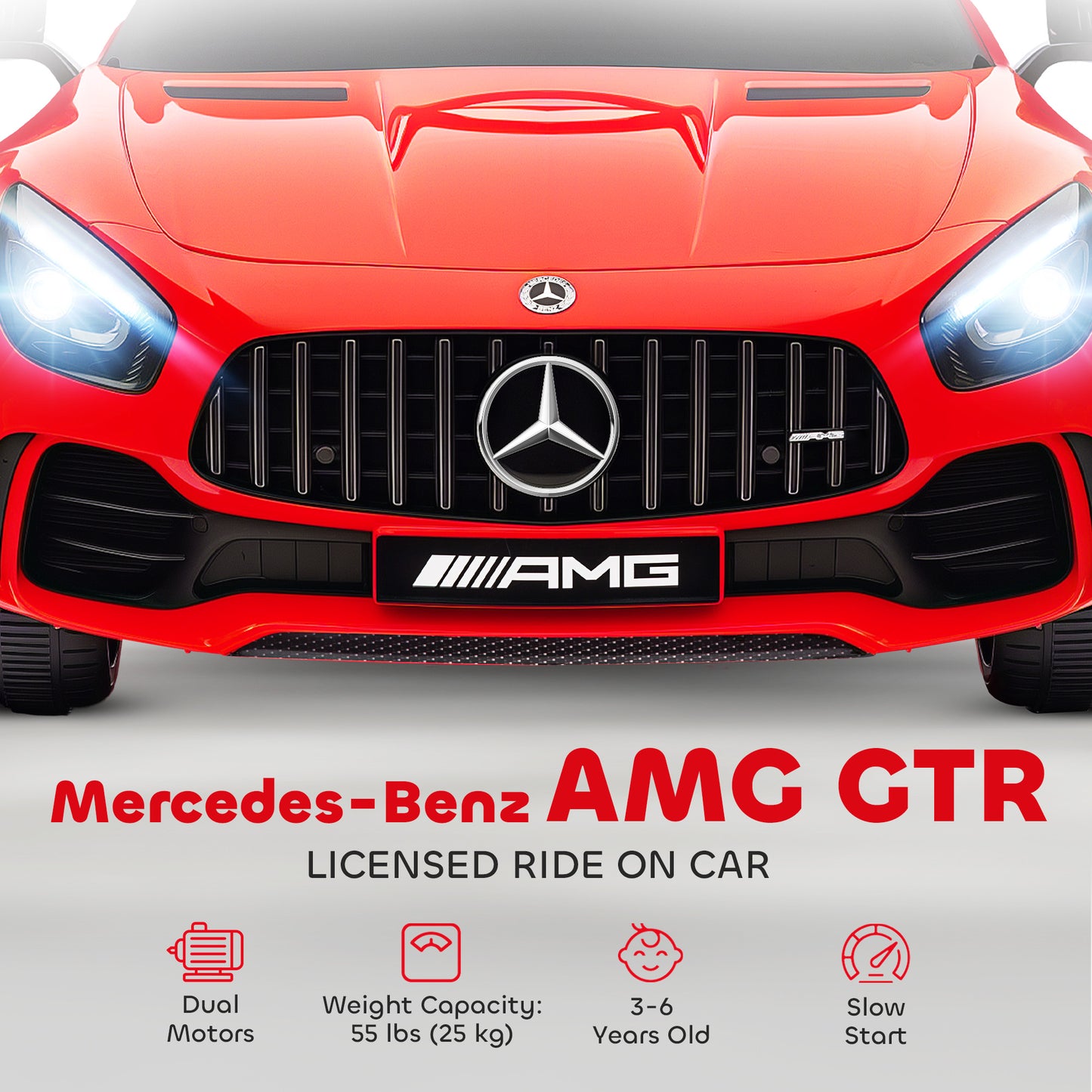 Mercedes-Benz AMG GTR Licensed 12V Battery Powered Kids Electric Car w/ Remote, Soft Start, Lights, Music Horn Red Kids Crystal