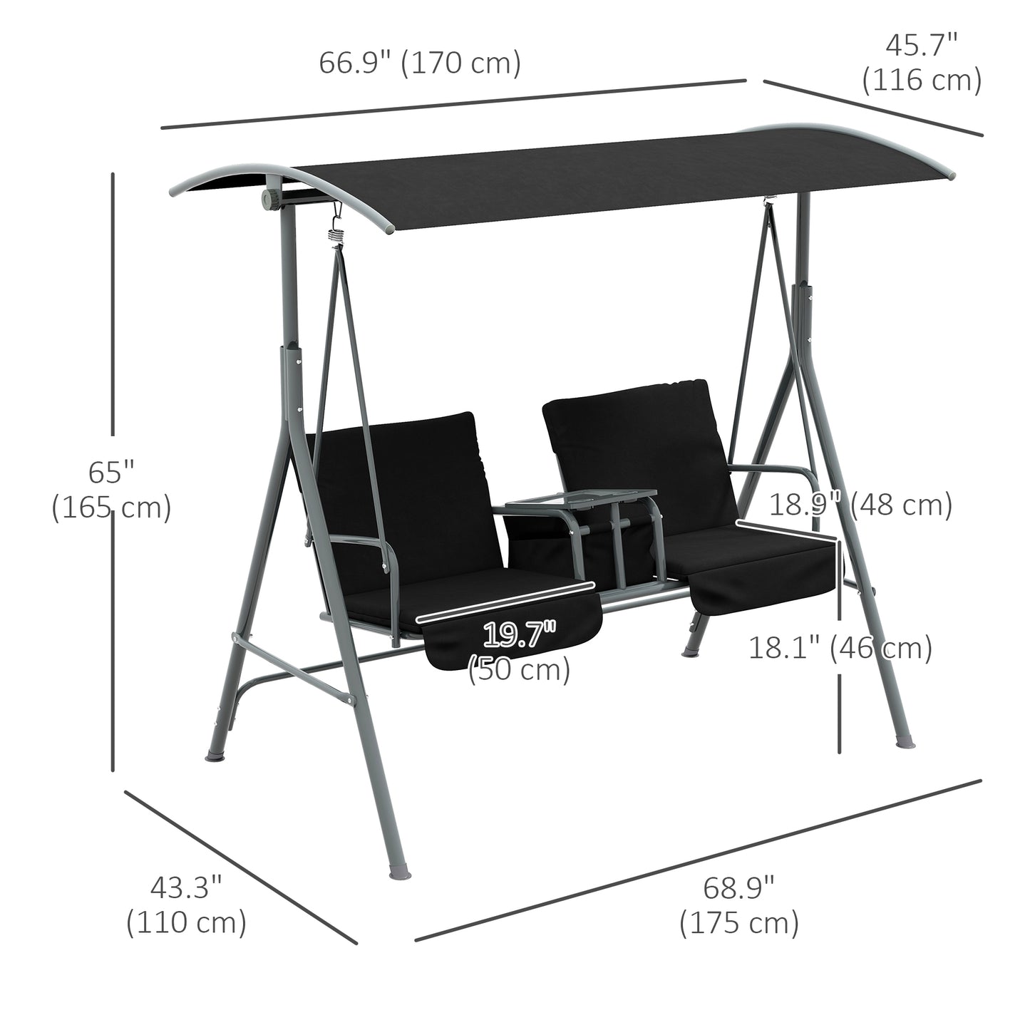 2-Seater Outdoor Porch Swing with Adjustable Canopy and Table, Patio Swing Chair for Garden, Poolside, Backyard, Black Kids Crystal