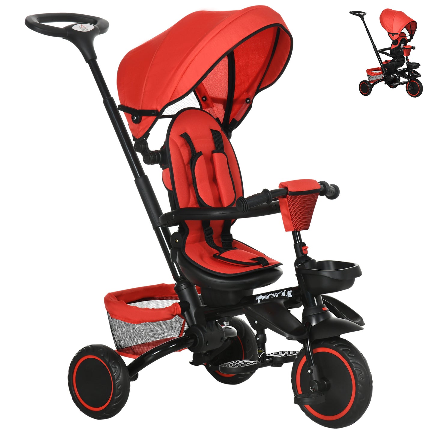 6-in-1 Toddler Tricycle, Kids Trike with Rotatable Seat, Adjustable Push Handle, Safety Harness, Detachable Canopy, Red