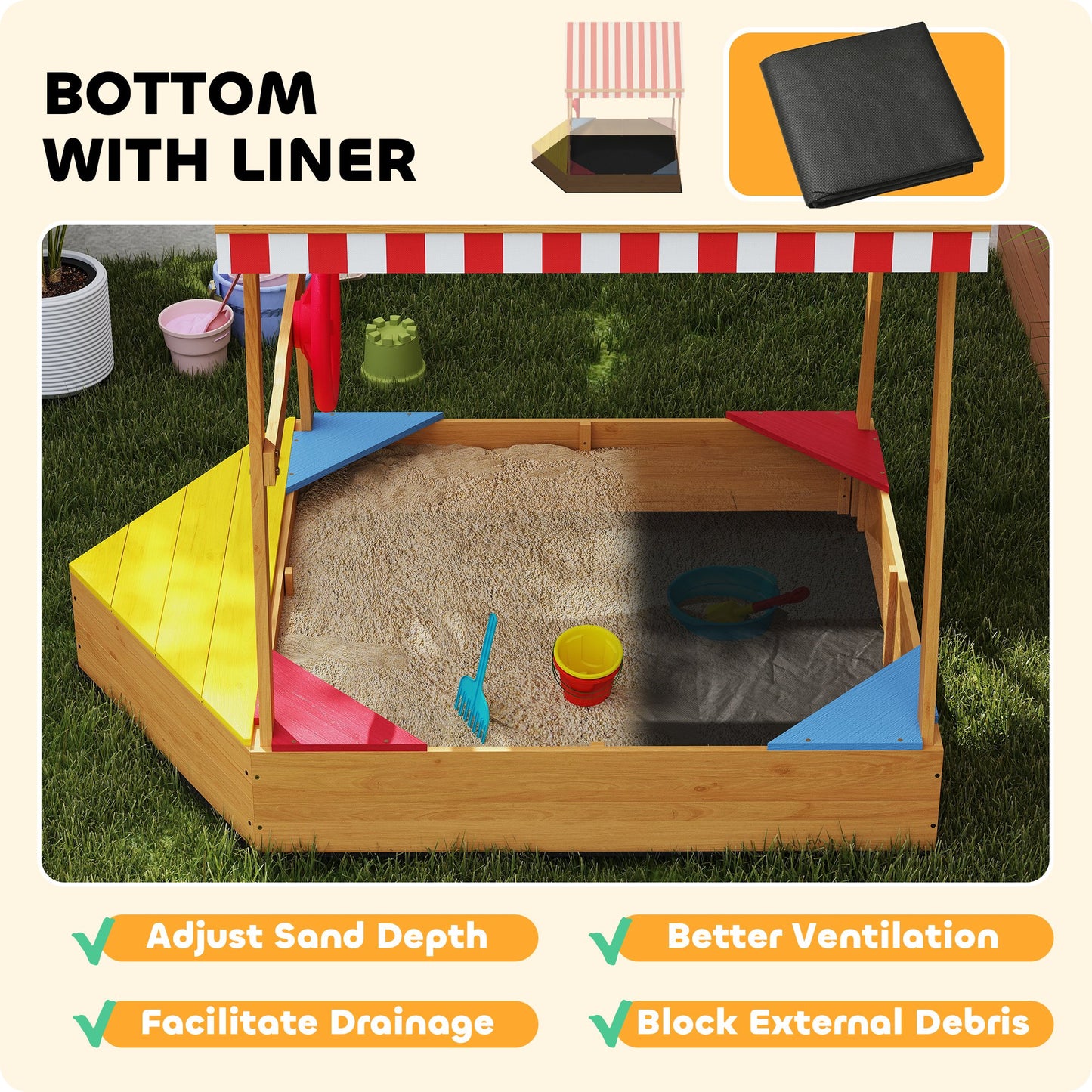 Wooden Kids Sandbox with Cover, 4 Seats, Rudder, Deck, Bottom Liner, 52" x 40" x 55.5" for Ages 3-8, Yellow Kids Crystal