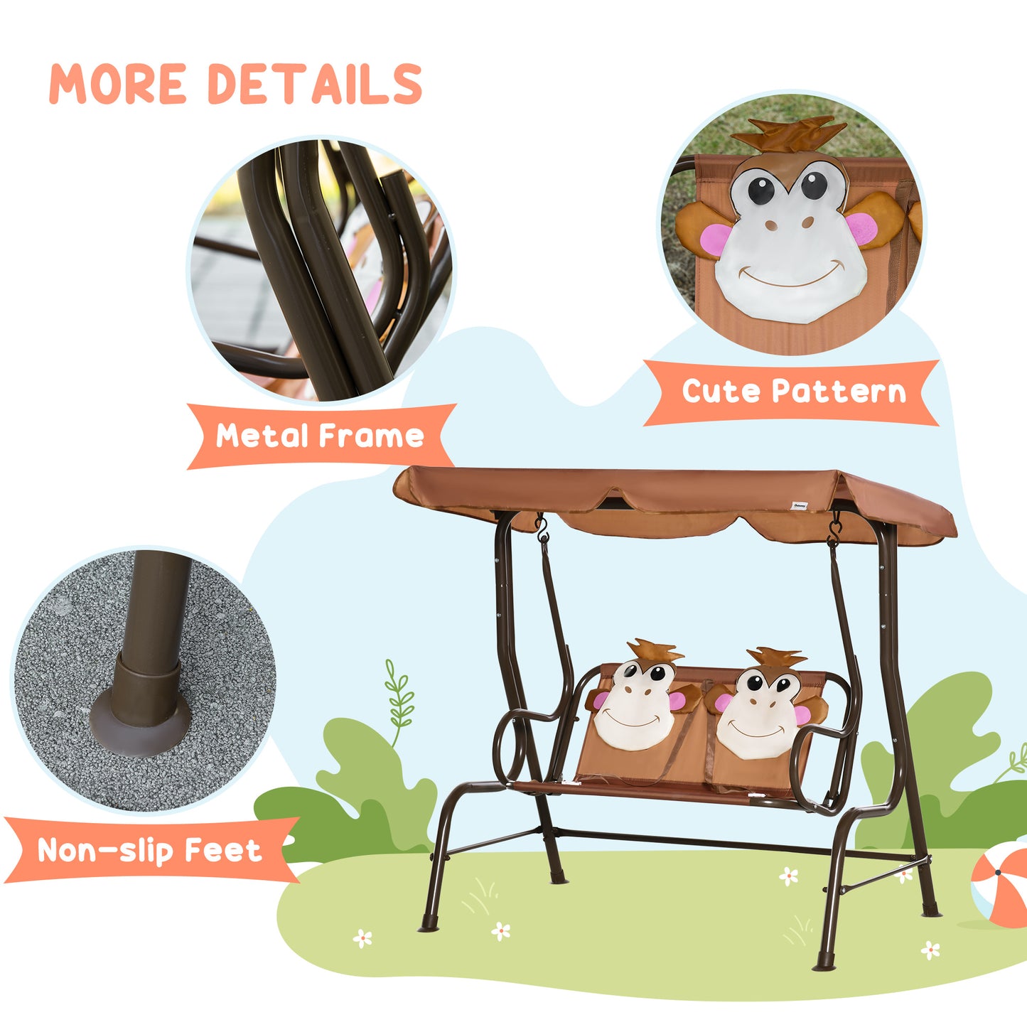 2-Seat Kid Swing with Adjustable Canopy Coffee Outdoor Patio Lounge Chair for Garden Porch