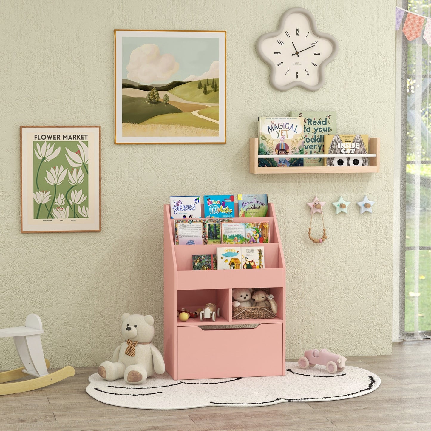 Kids Bookcase with Storage Drawer for Books, Reading Nook, for Classroom, Bedroom, Playroom, Pink Kids Crystal