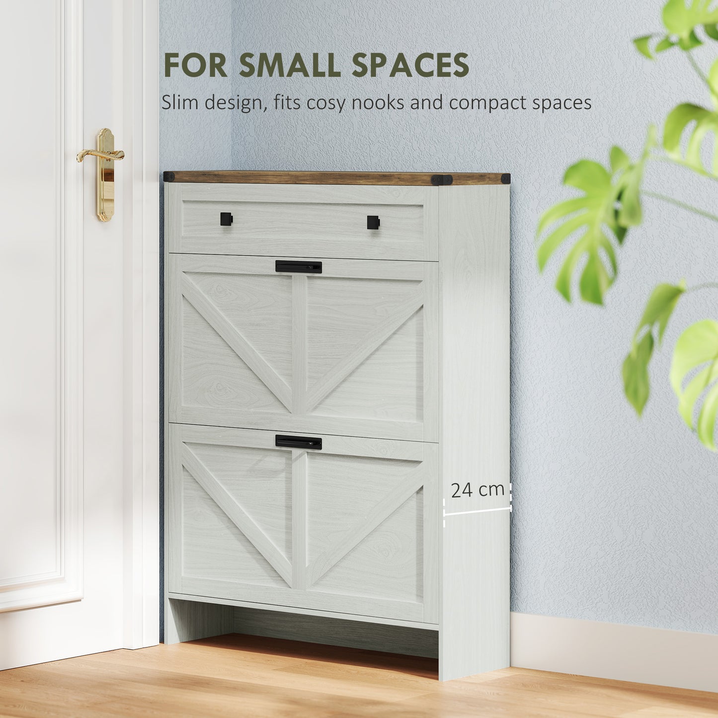 Narrow Shoe Storage Cabinet, Farmhouse Shoe Cabinet with 2 Flip Drawers, 1 Drawer, 12 Pairs for Entryway, White Kids Crystal