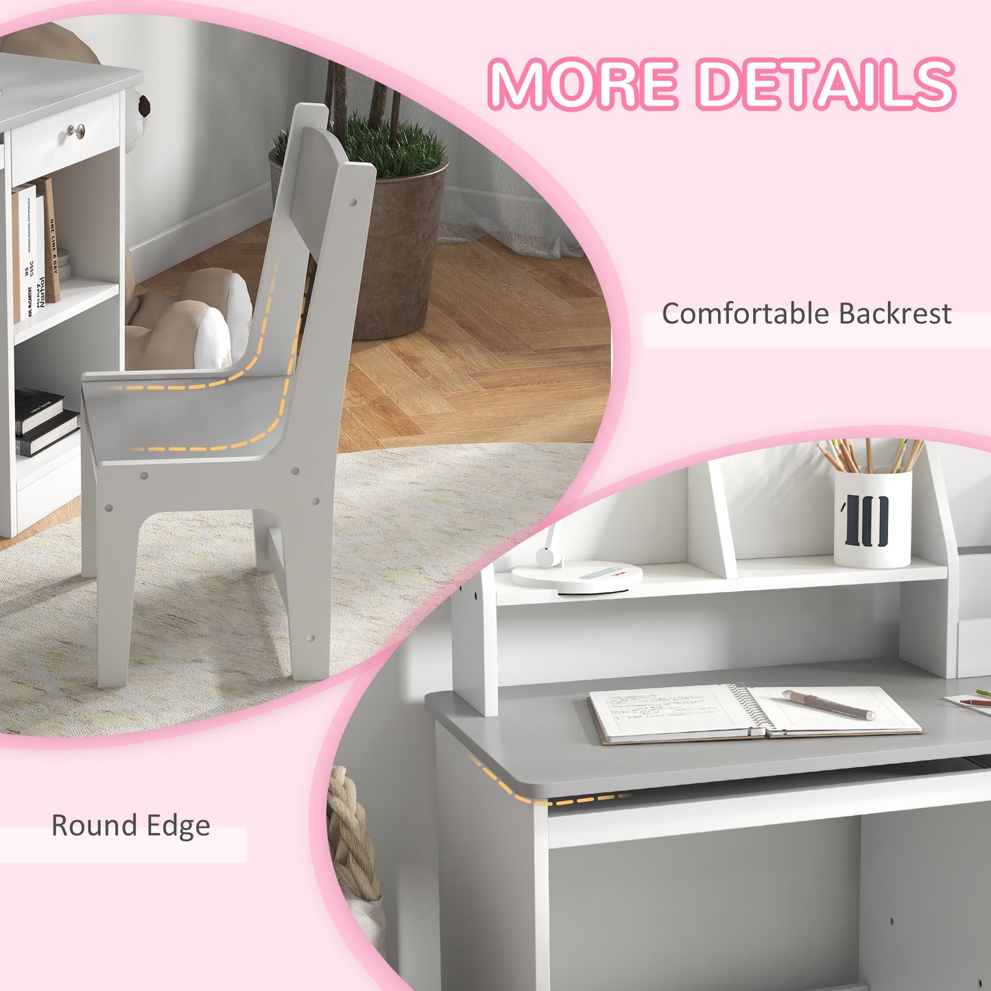 Kids Desk and Chair Set for 5-8 Year Old with Storage Study Table and Chair for Children Grey Kids Crystal