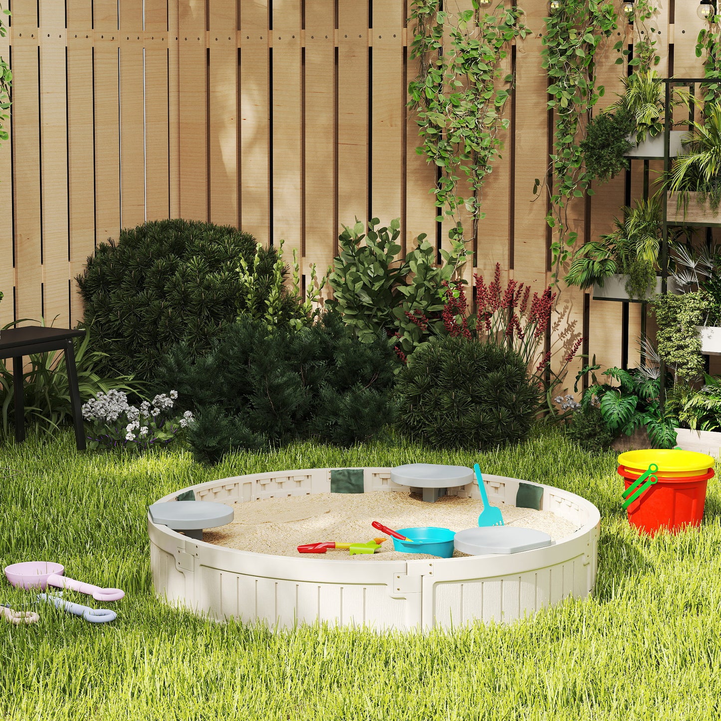 Kids Outdoor Sandbox with Cover Waterproof Oxford Canopy, Bottom Fabric Liner for 3-12 years old, Backyard, Cream White Kids Crystal