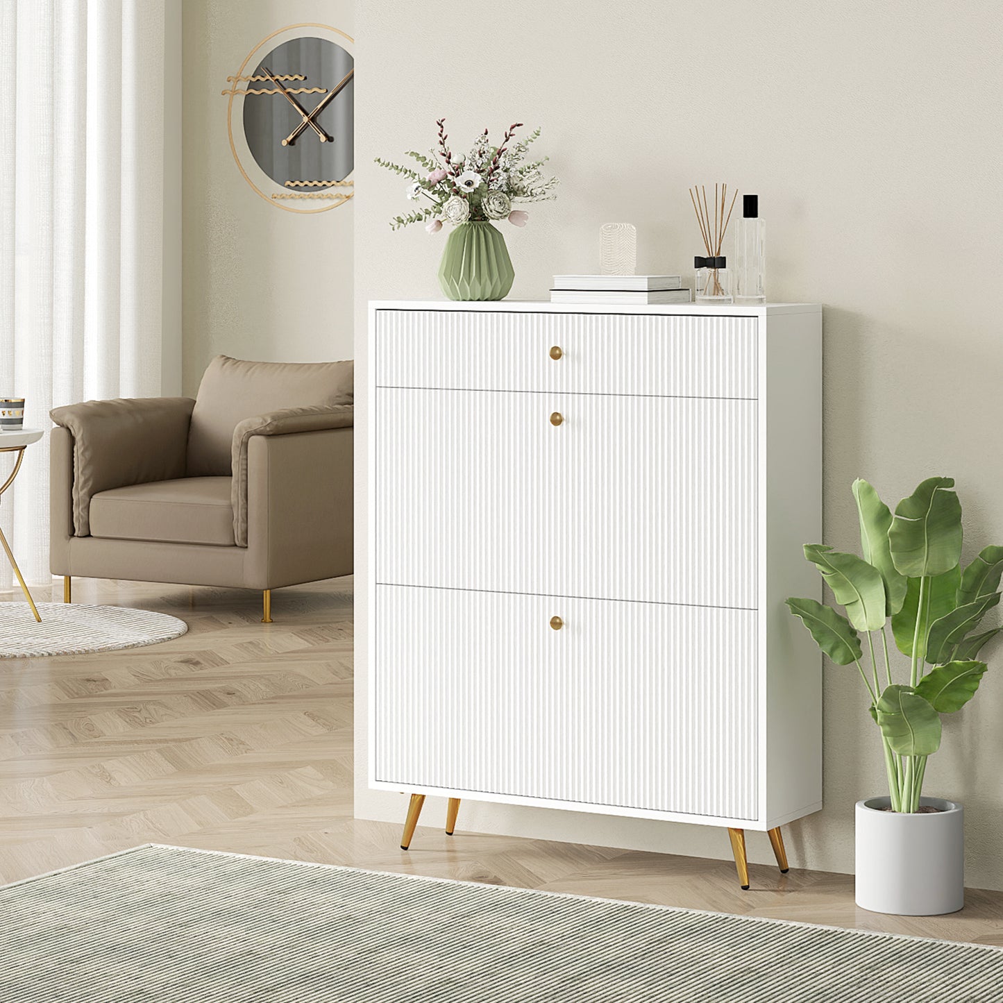 Narrow Shoe Storage Cabinet with Wave-like Panels and Adjustable Shelves for 12 Pairs of Shoes, White Kids Crystal