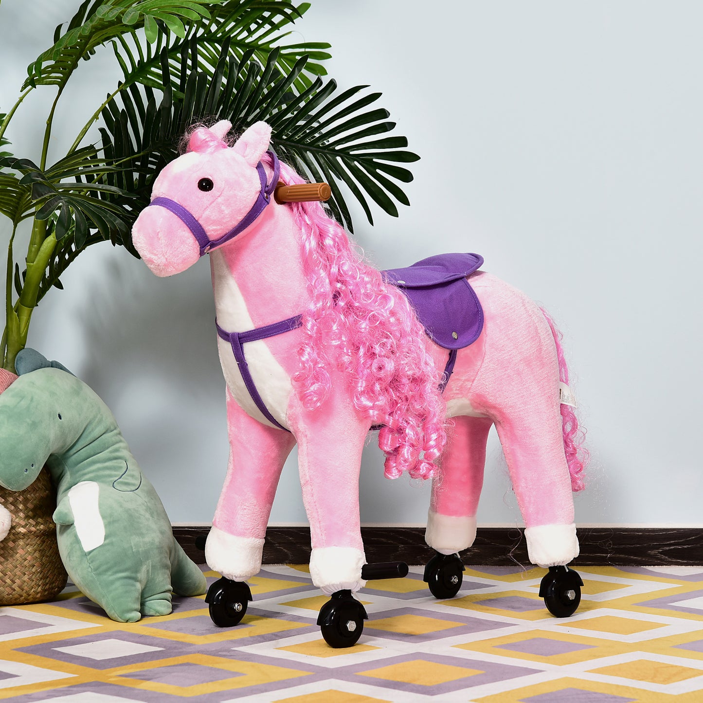 Pink Plush Pony Ride-On Toy for Kids - Rocking Horse with Neigh Sound & Wheels, 110lb Weight Limit Kids Crystal