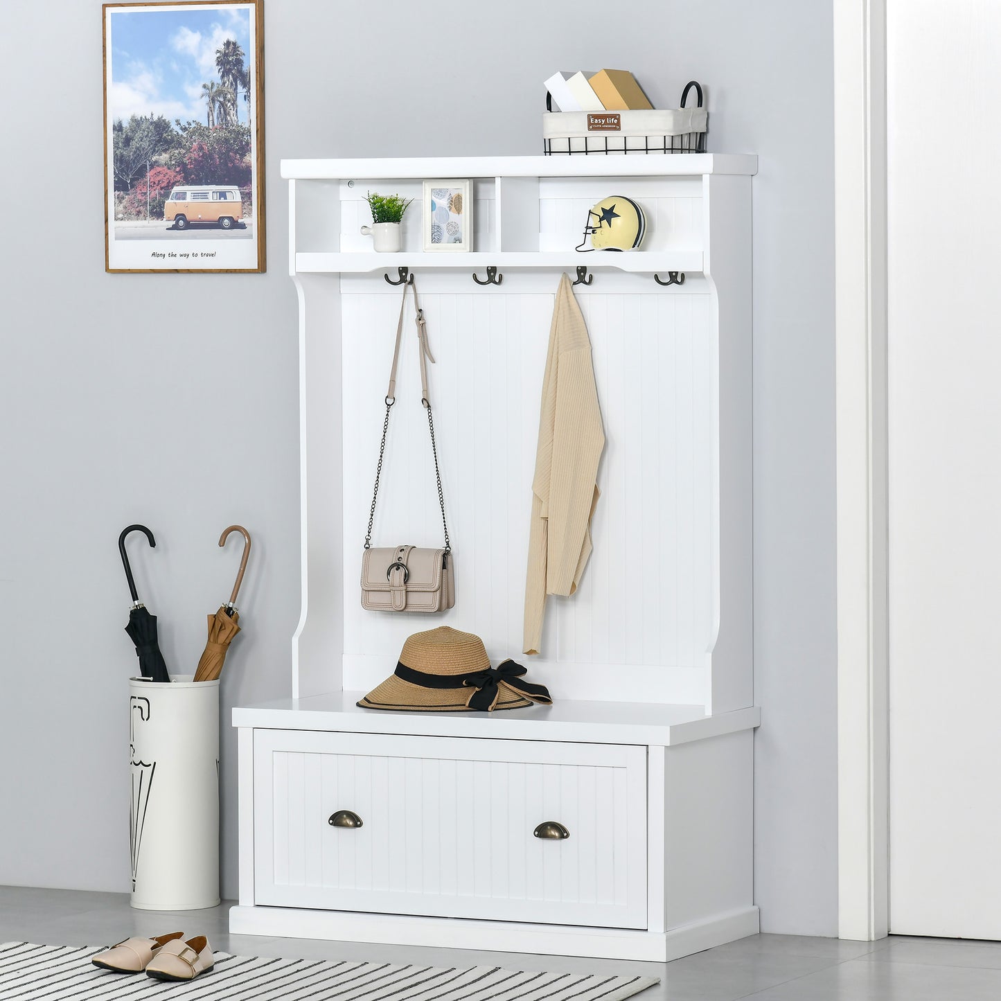 3-in-1 Entryway Elegance: Modern Hall Tree Coat Rack with Shoe Storage Bench and Hooks for Bedroom, White Finish Kids Crystal