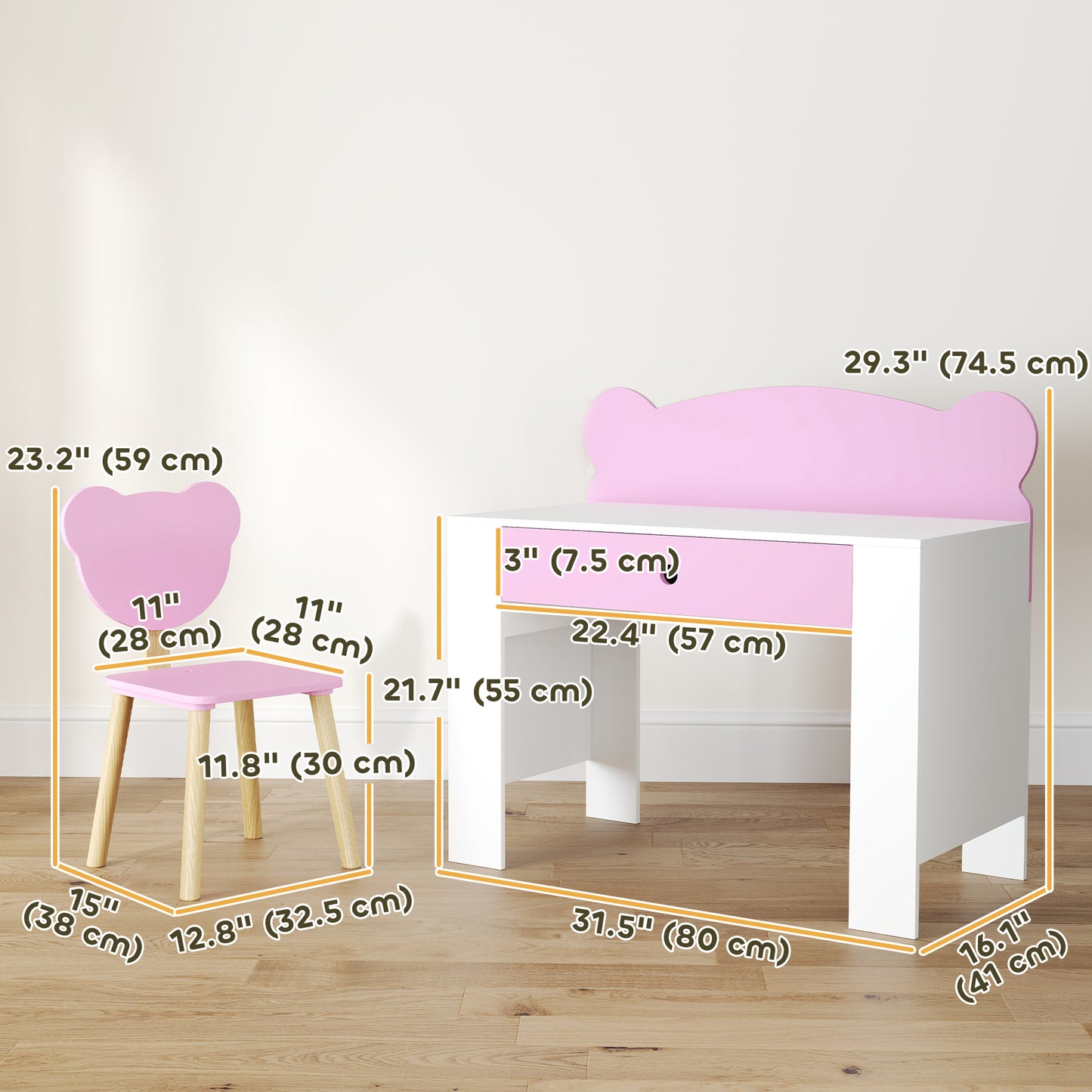 Kids Desk and Chair Set with Drawer for Drawing, Reading, Bear Theme Children Furniture for Bedroom, Daycare, Pink Kids Crystal