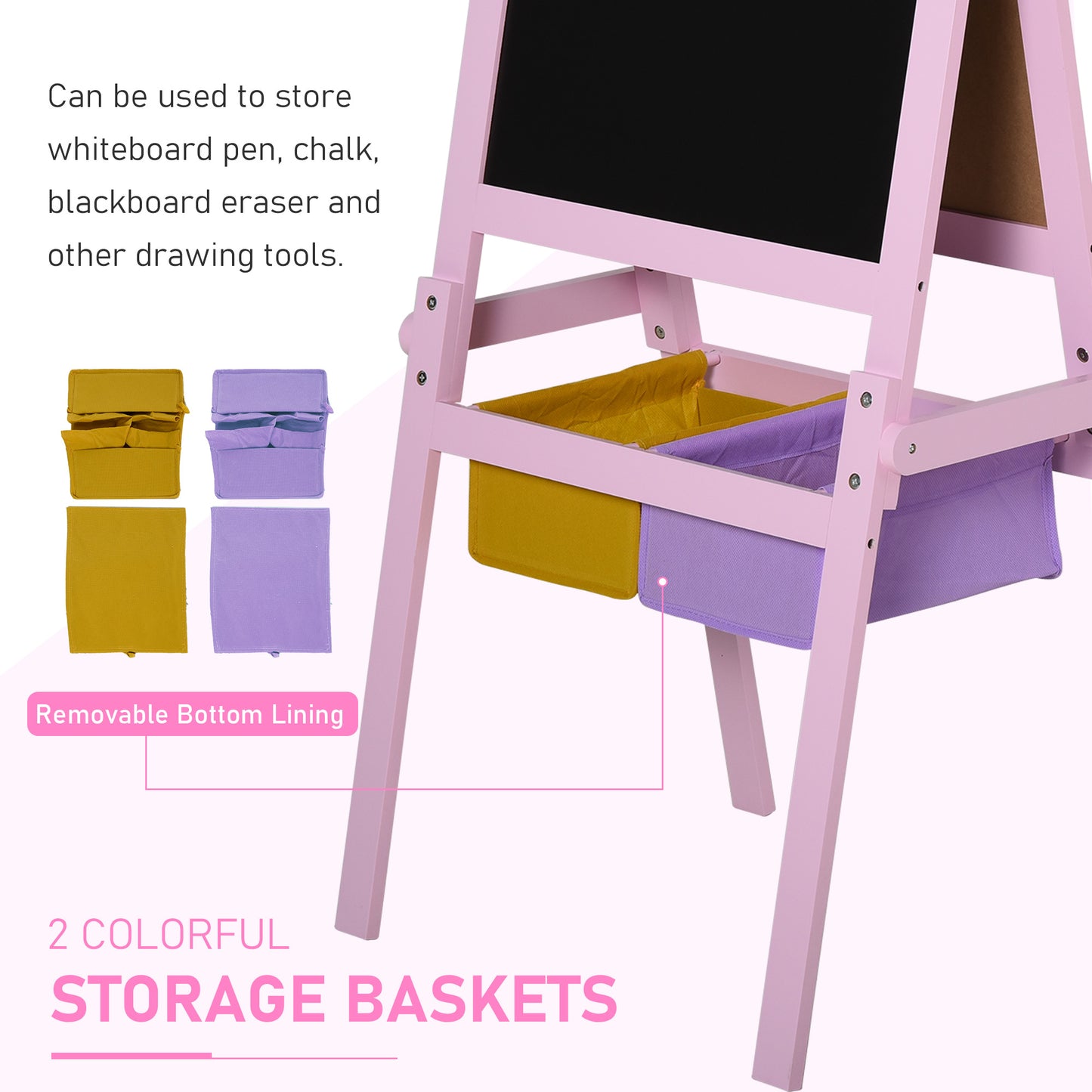 3 In 1 Kids Wooden Art Easel w/ Paper Roll Double-Sided Chalkboard Whiteboard with Storage Baskets Gift for Toddler Age 3+ Pink Kids Crystal